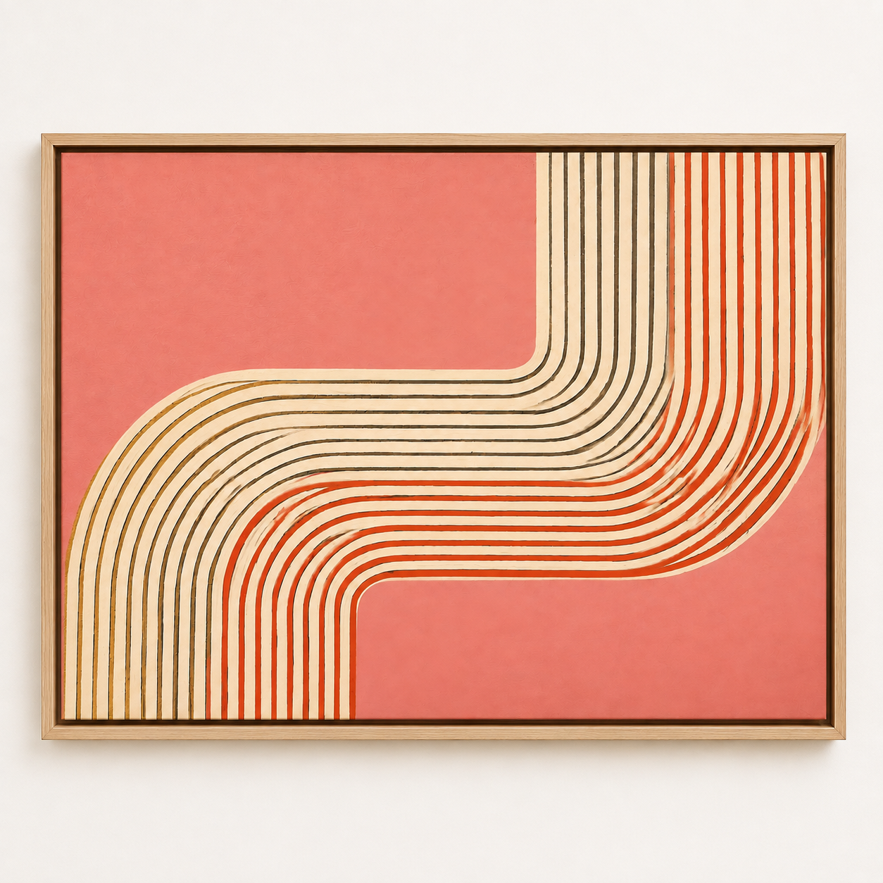 Coral wall art with cream and terracotta ribbon stripes on pink background – Amber Bend by Rossetti Art