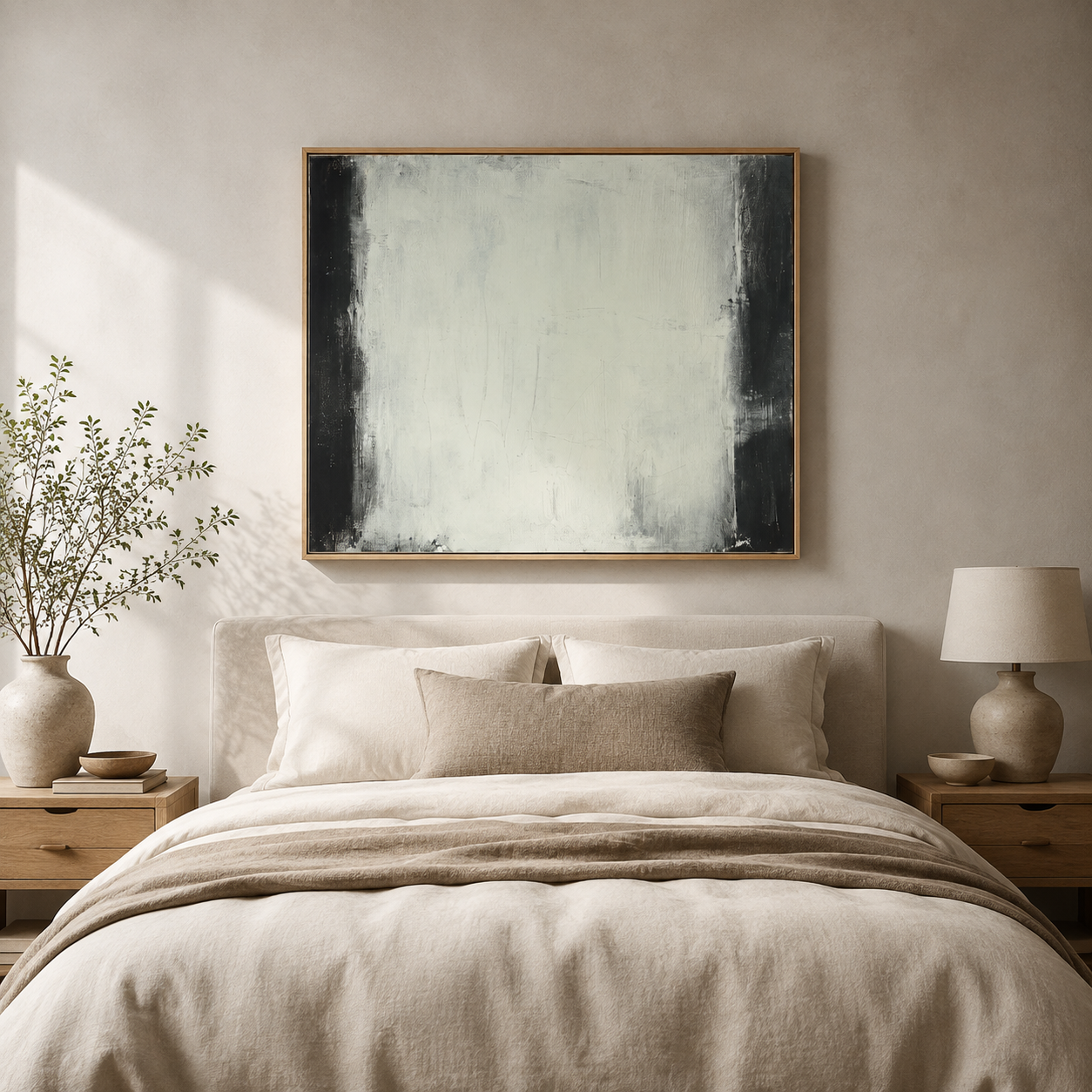 Black and white wall art canvas styled above the bed in a neutral bedroom – Quiet Divide by Rossetti Art