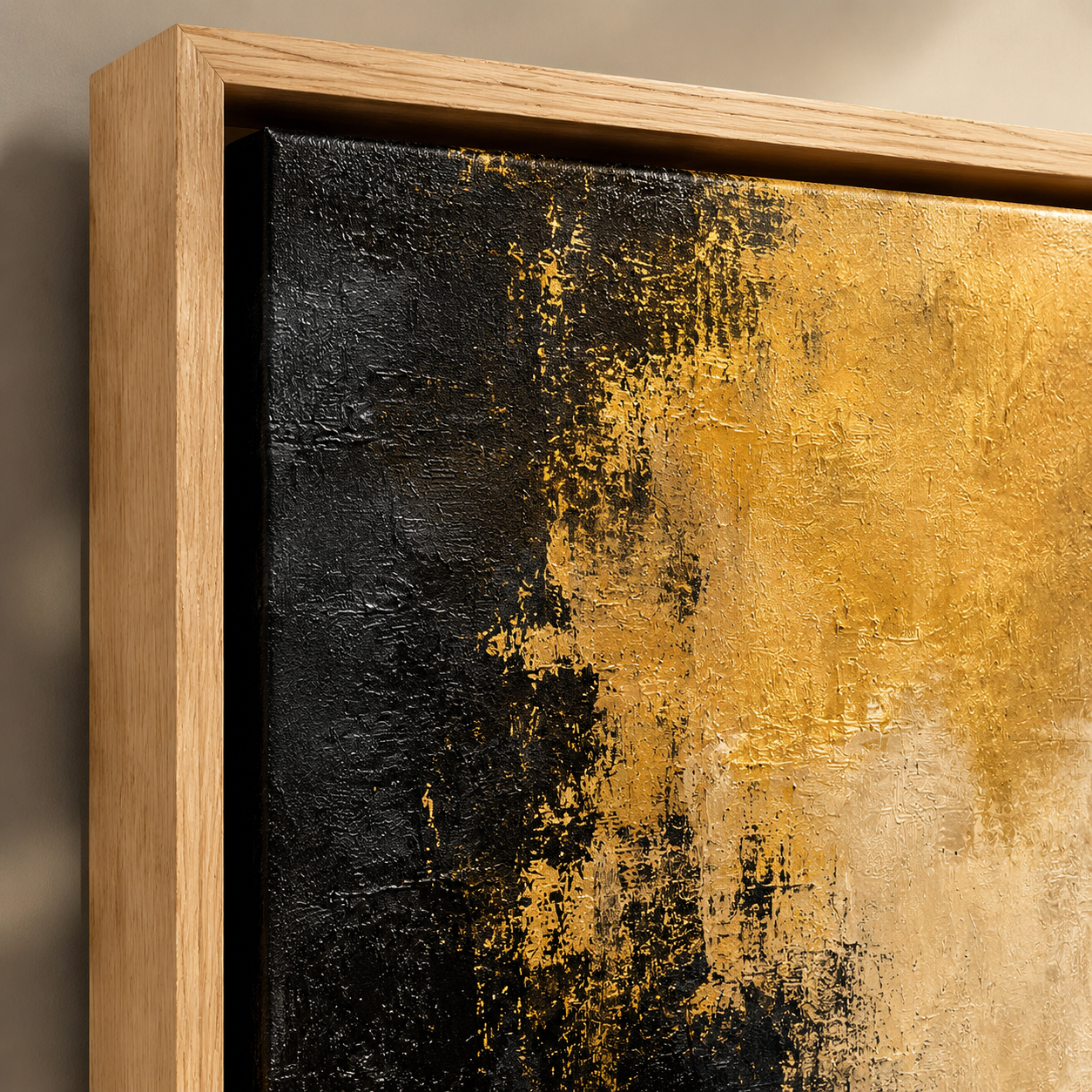 Close-up of hand-applied gold leaf texture in wood floater frame – Gilded Fracture by Rossetti Art