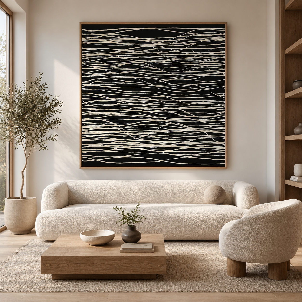 Black and white line art canvas print – Woven Current, floater frame detail, by Rossetti Art