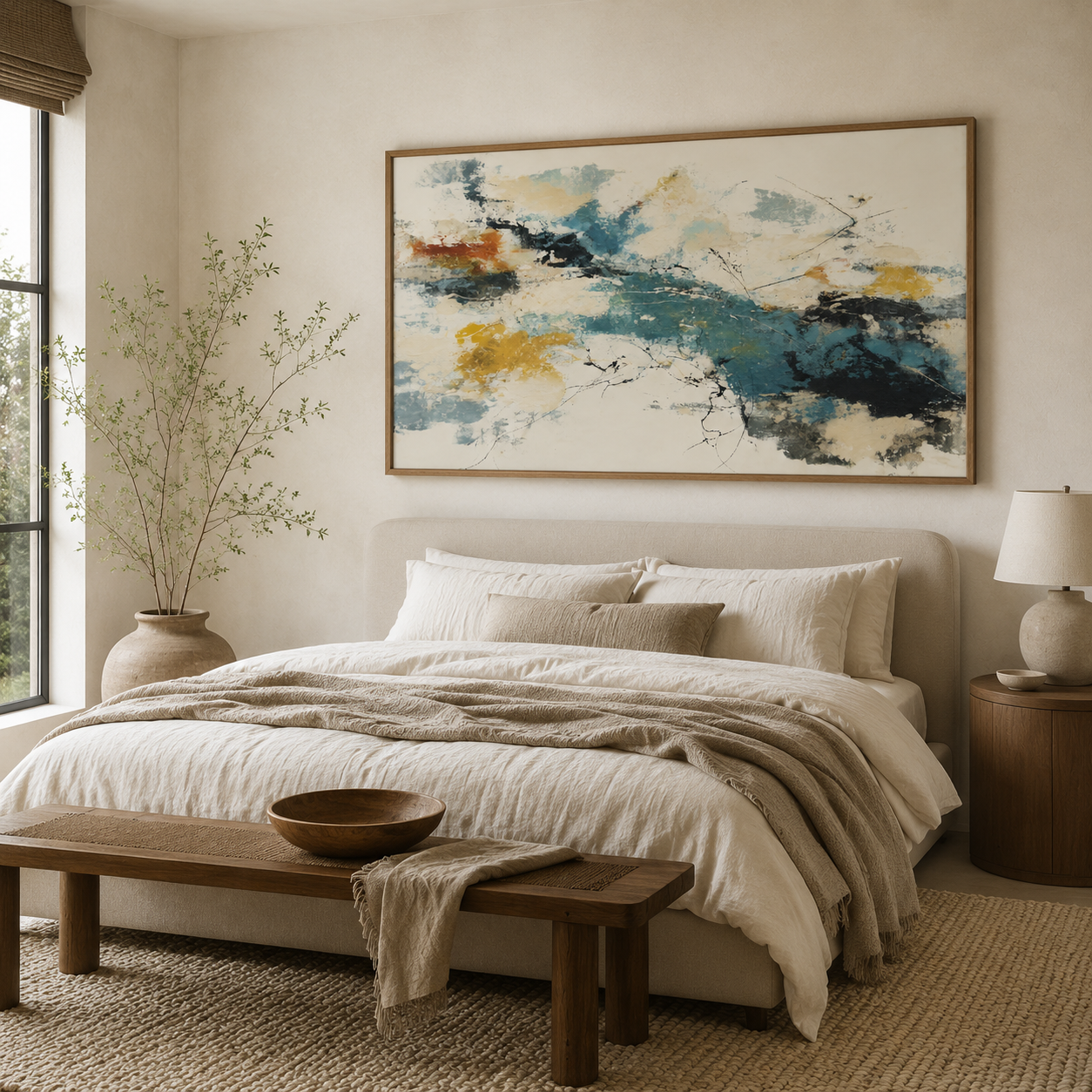 Blue and gold wall art canvas print above a bedroom bed – Harbor Reverie by Rossetti Art
