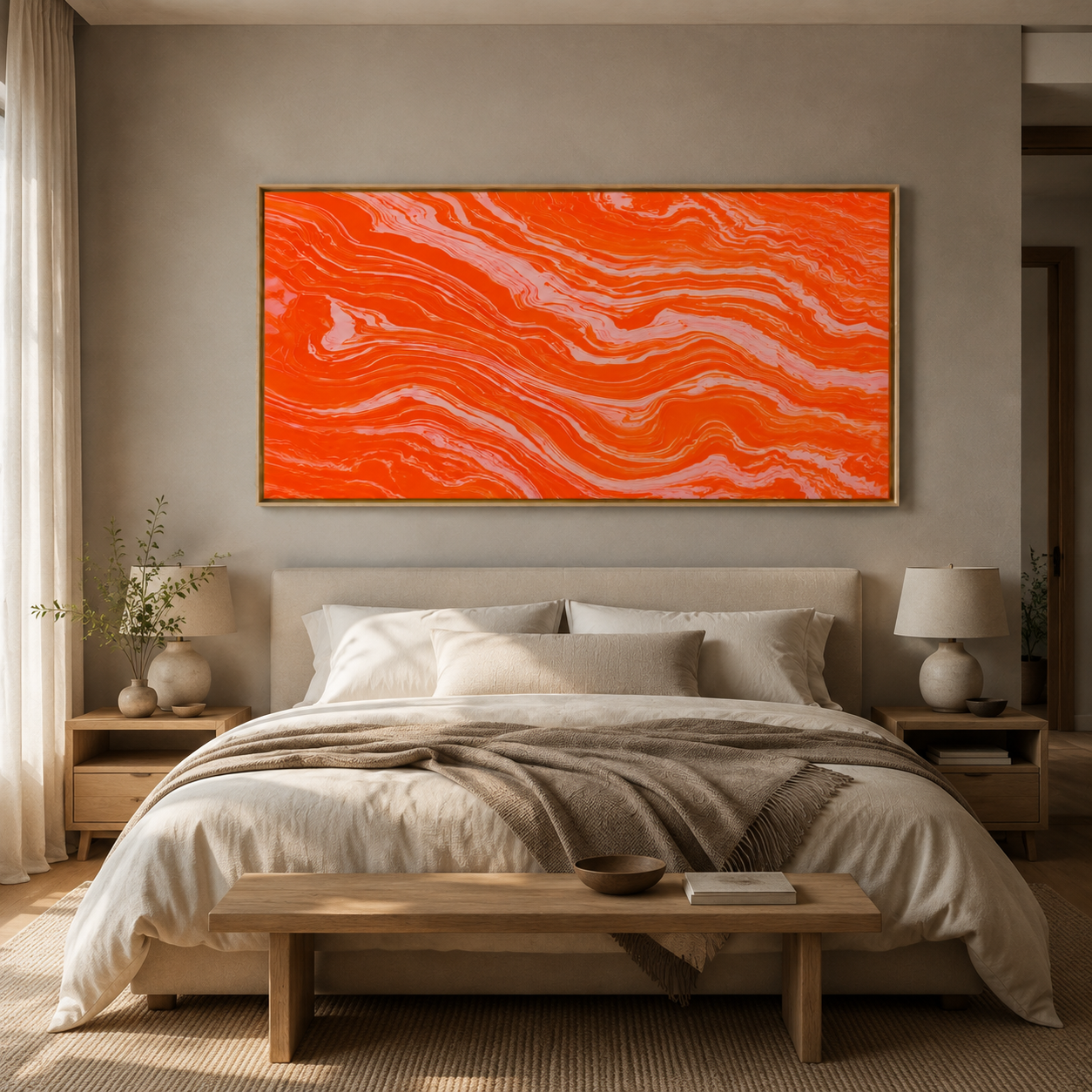 Orange abstract wall art in an oak floater frame above a bed – Molten Coral by Rossetti Art