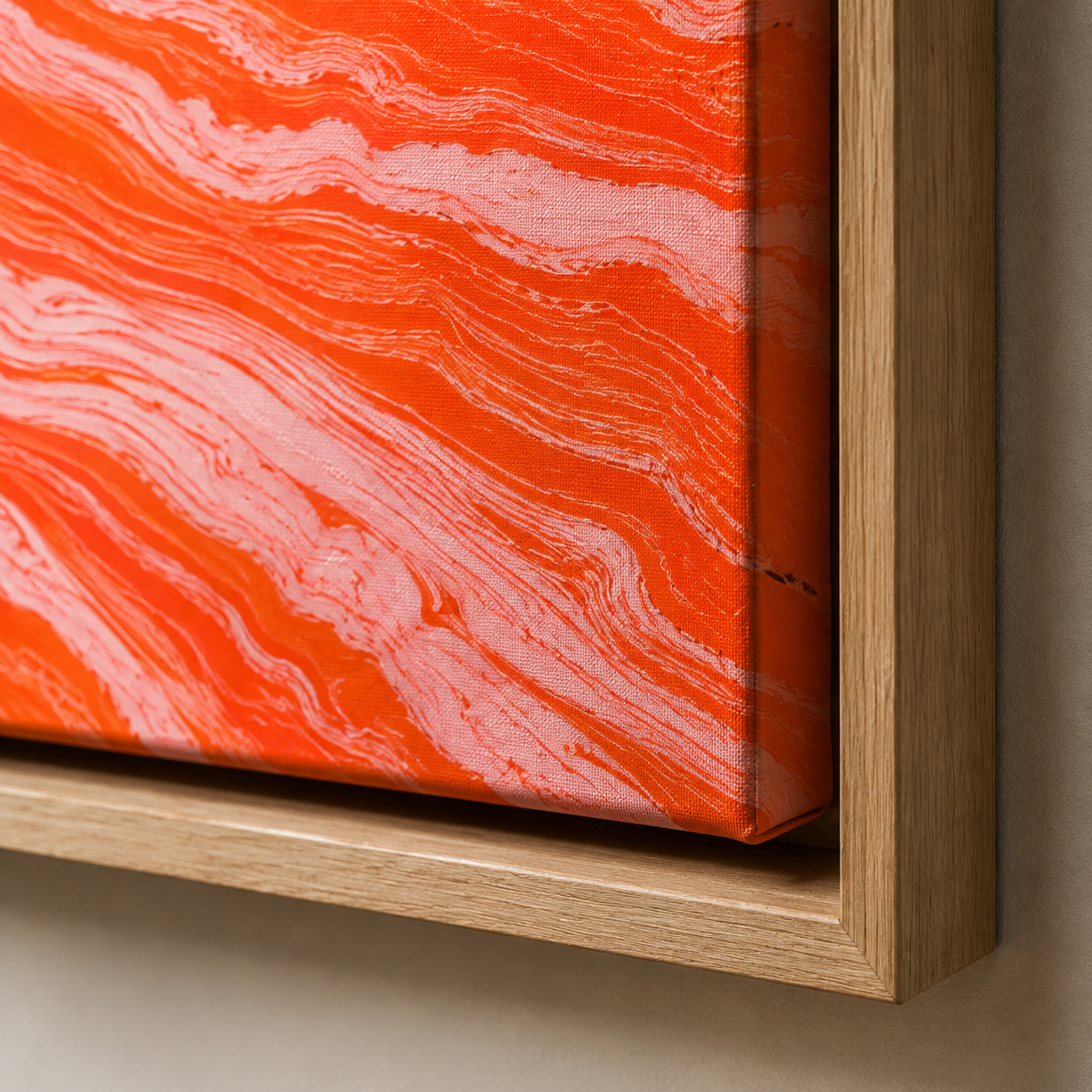 Molten Coral orange abstract art canvas print, flat studio view – Rossetti Art