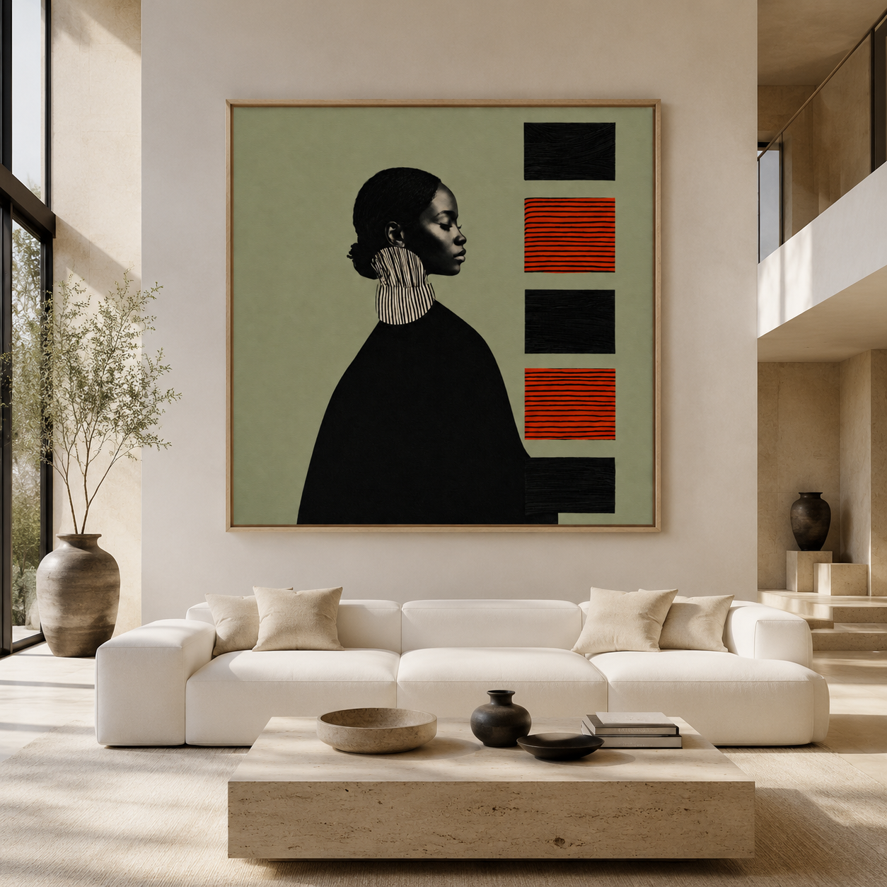 Quiet Cadence portrait collage canvas print shown in a modern living room setting