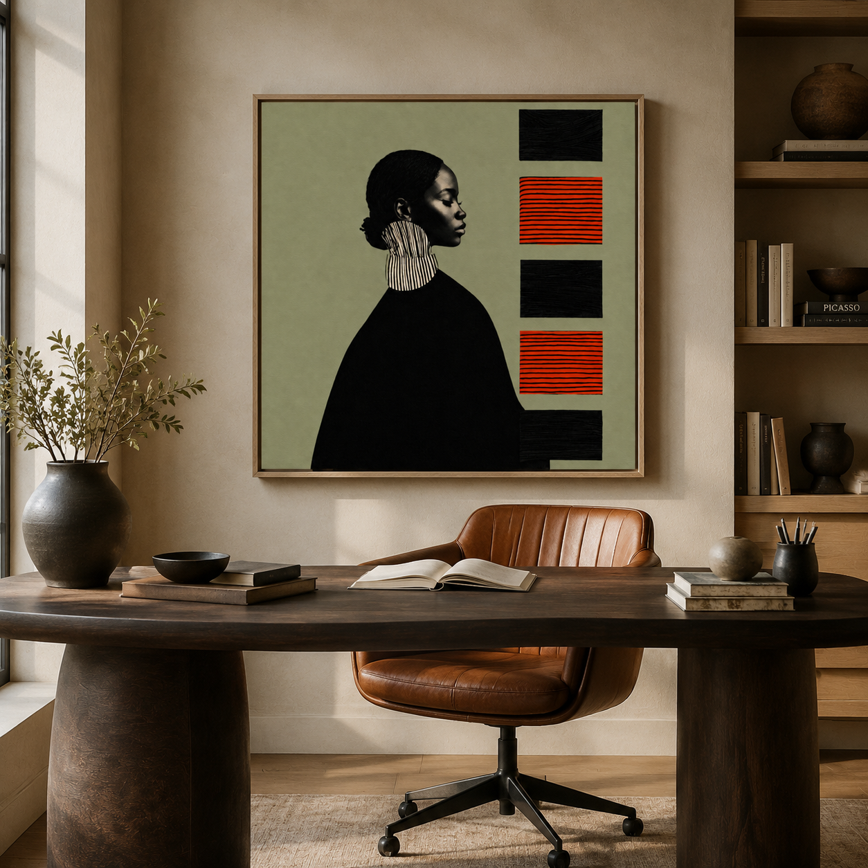 Quiet Cadence portrait collage wall art in a home office with oak floater frame