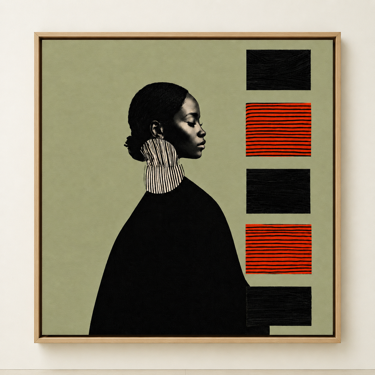 Portrait collage art in sage green, black, and burnt orange – Quiet Cadence by Rossetti Art