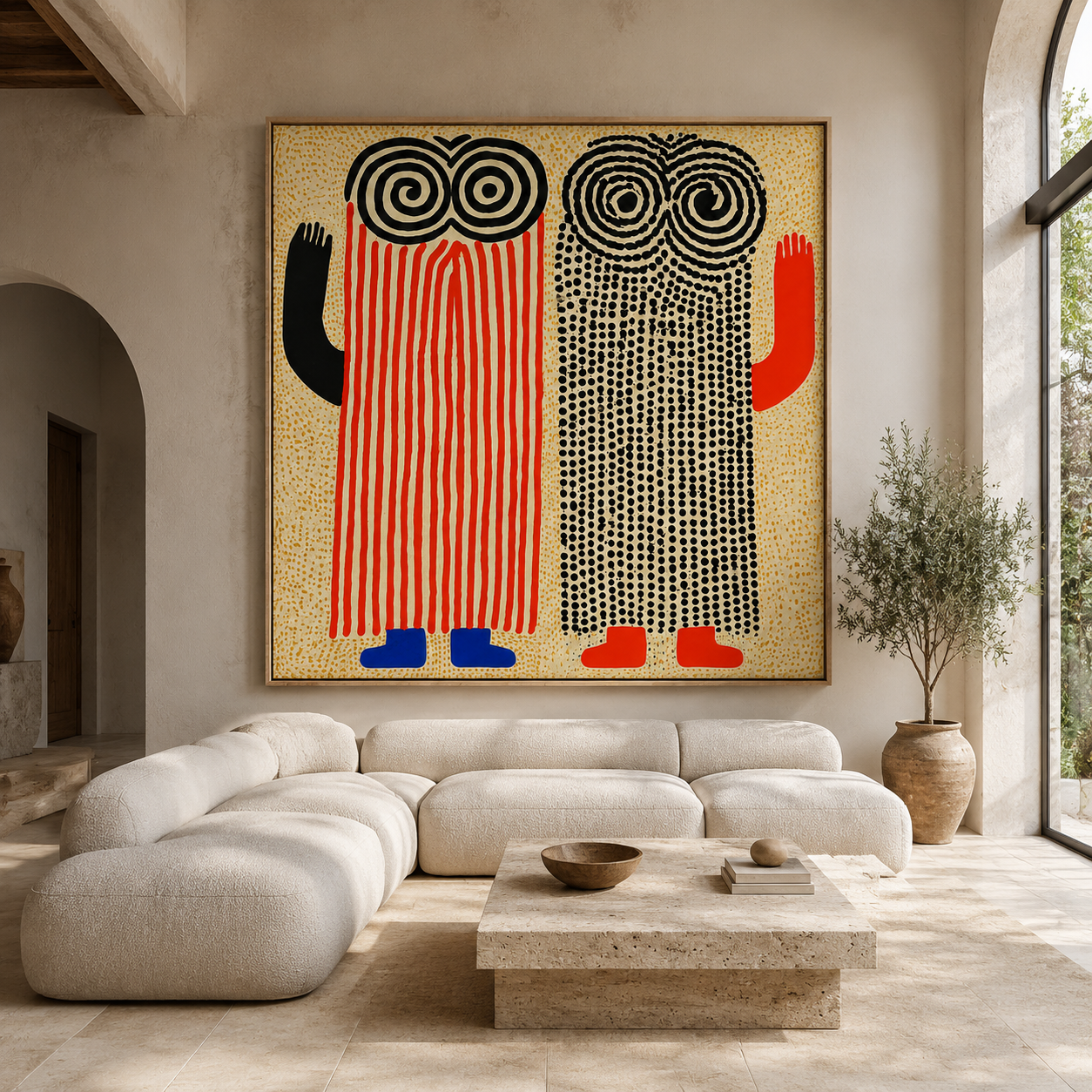 Large-scale Spiral Sentinels canvas print as a statement piece above a boucle sofa in an airy living room