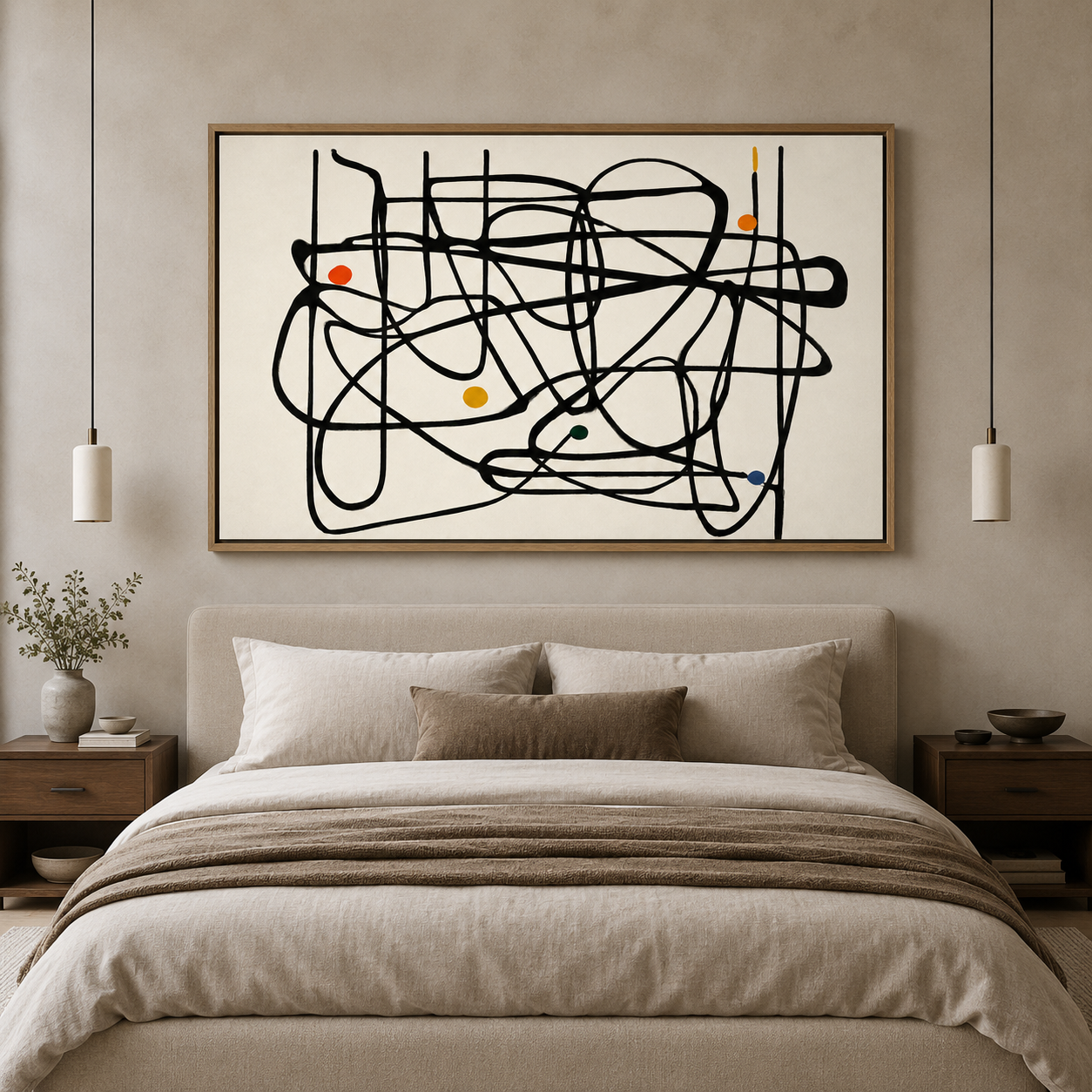 Tangled Orbit doodle wall art framed canvas print above a bed in a neutral bedroom