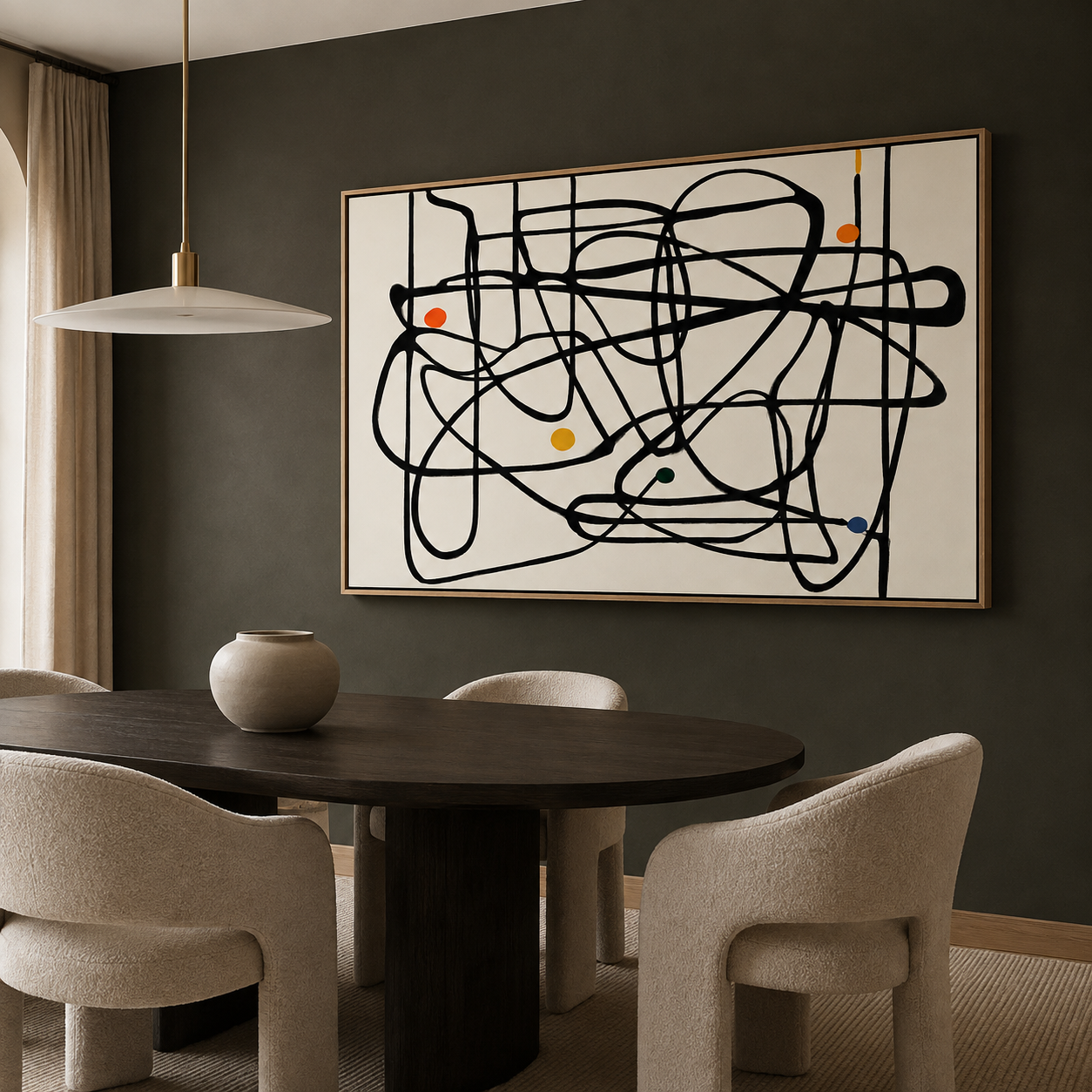 Tangled Orbit doodle wall art canvas print on a dark green wall in a dining room
