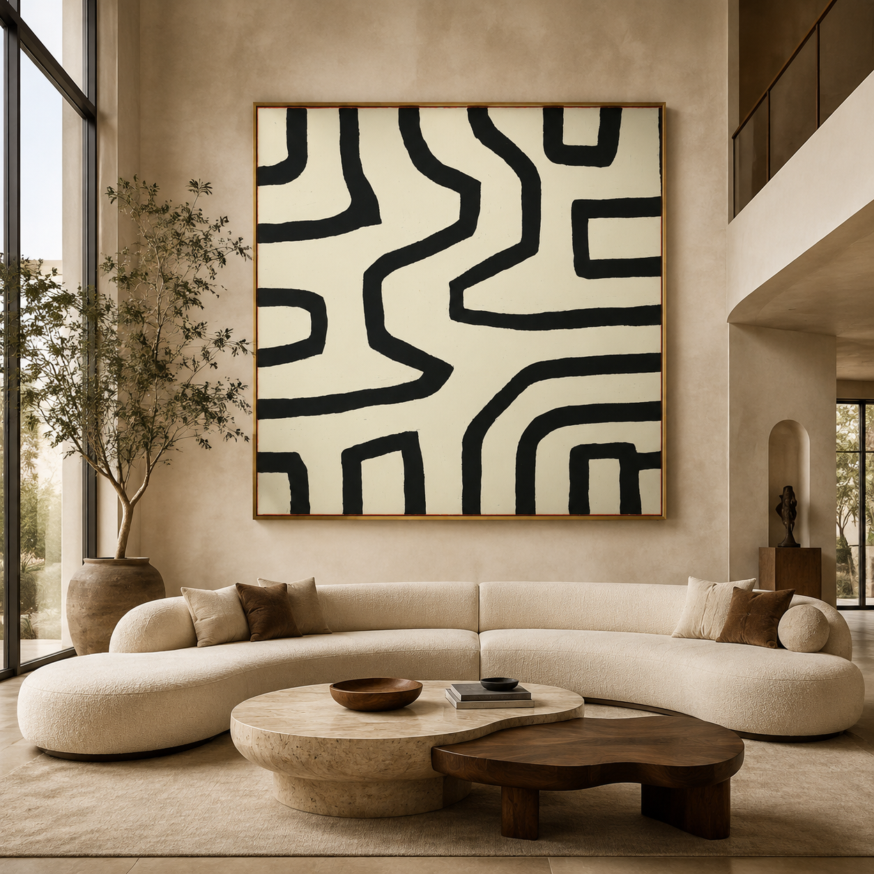 Winding Passage line drawing wall art canvas print above a curved sofa in a modern living room