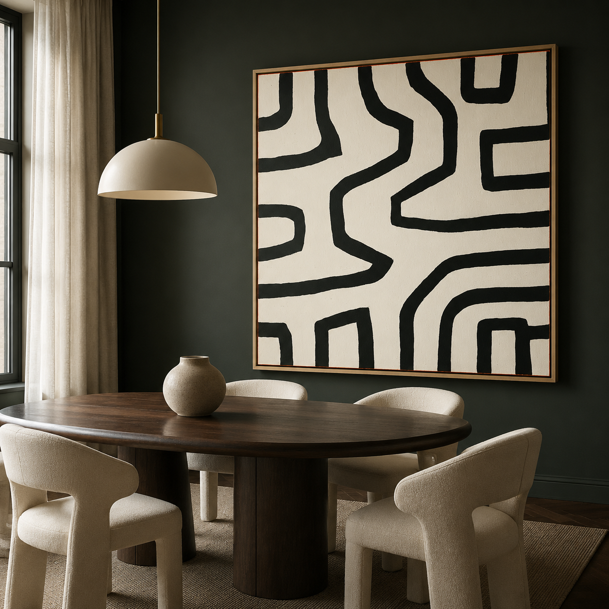 Winding Passage line drawing wall art canvas print on a dark green wall in a dining room