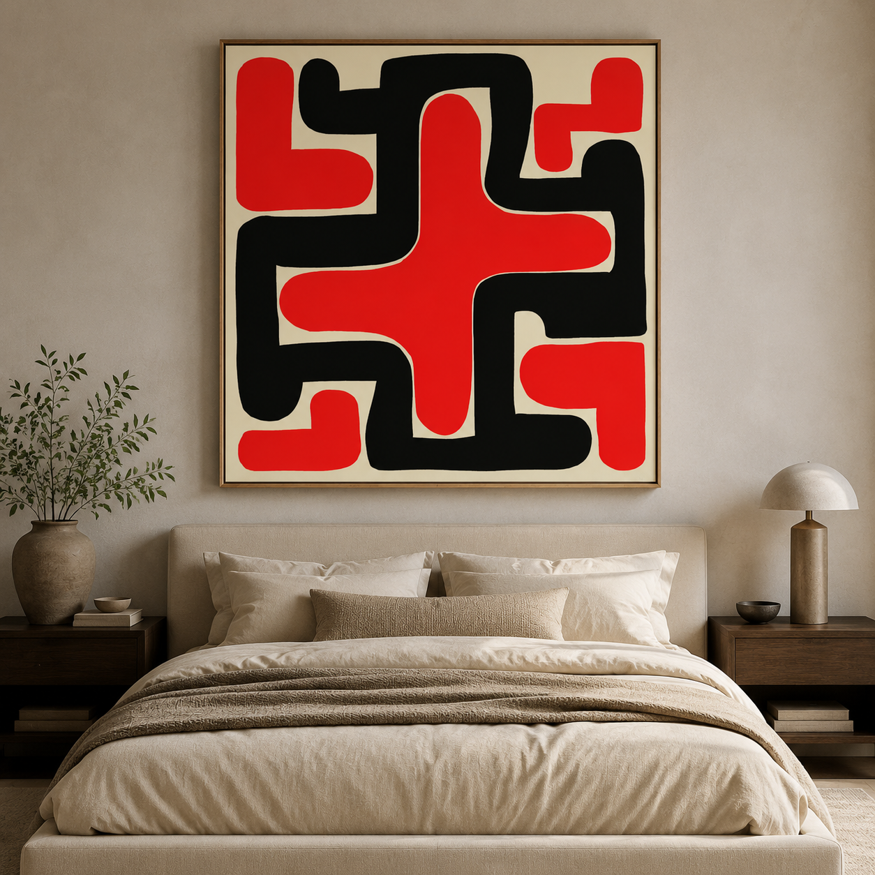 Crossfire Weave red black wall art framed canvas print above a bed in a neutral bedroom