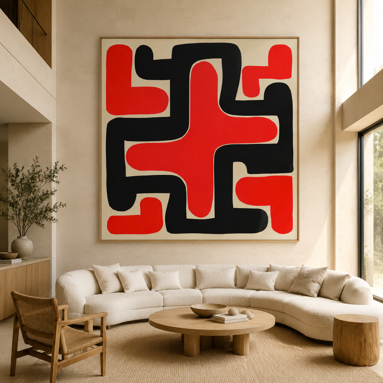 Crossfire Weave red black wall art canvas print above a curved sofa in a modern living room