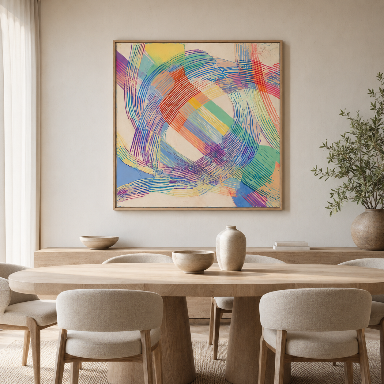 Rainbow abstract art canvas print above a dining room table – Prism Loop by Rossetti Art