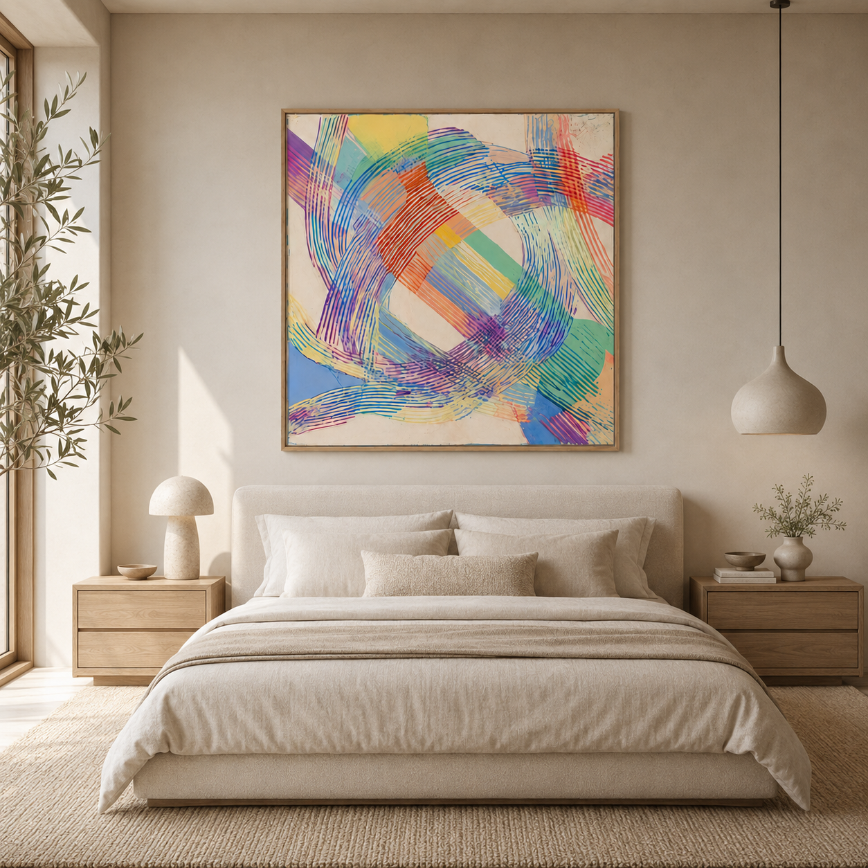 Rainbow abstract art canvas print above a bed in a serene bedroom – Prism Loop by Rossetti Art