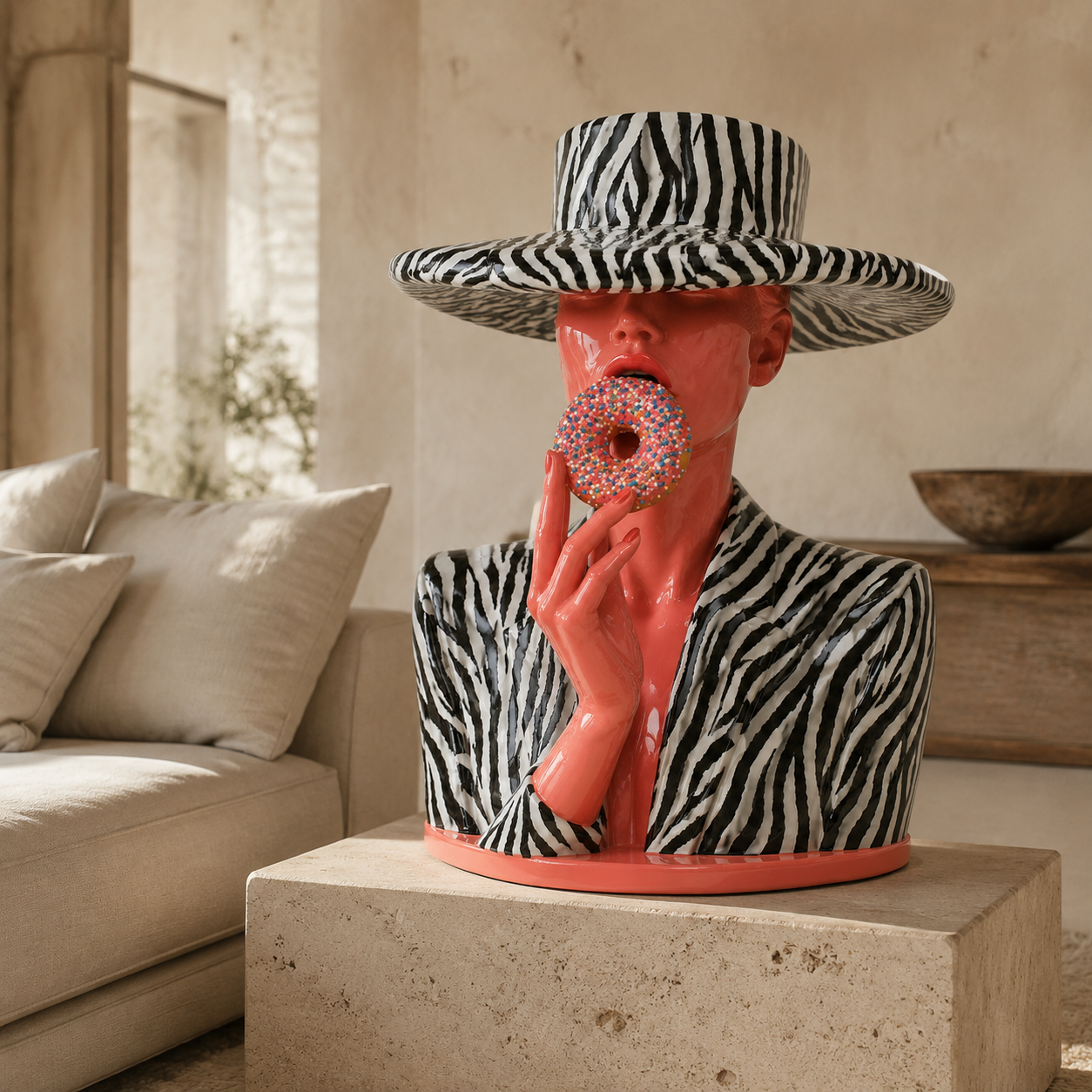 Pop art sculpture on a stone pedestal in a modern living room – Glazed Safari by Rossetti Art