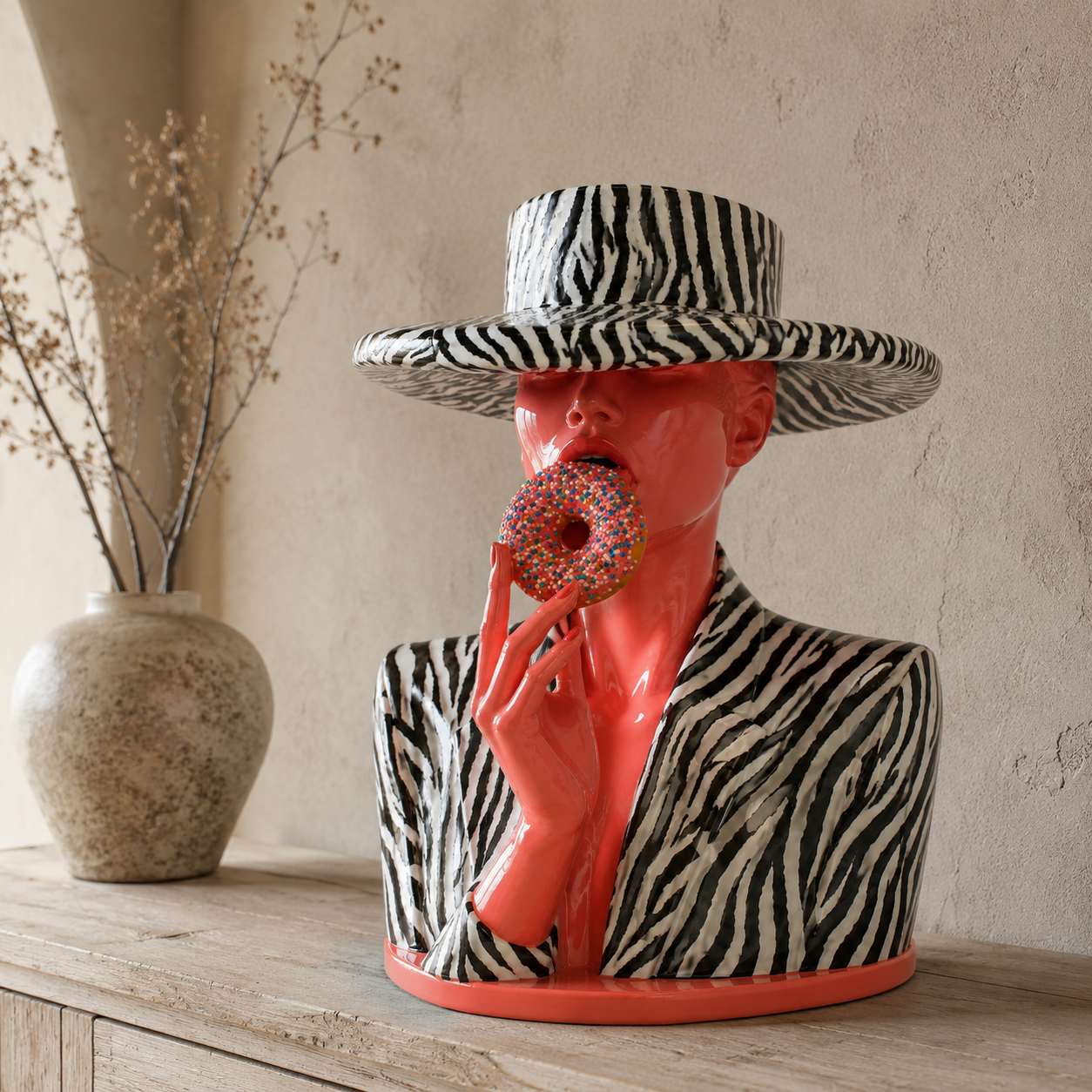 Pop art sculpture displayed on an entryway console table – Glazed Safari by Rossetti Art