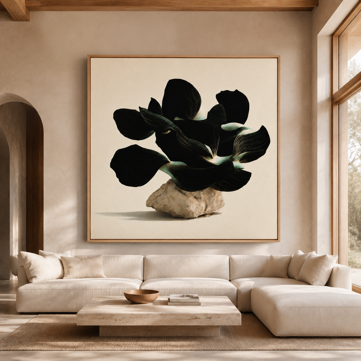 Black flower wall art as an oversized living room statement piece – Obsidian Bloom by Rossetti Art