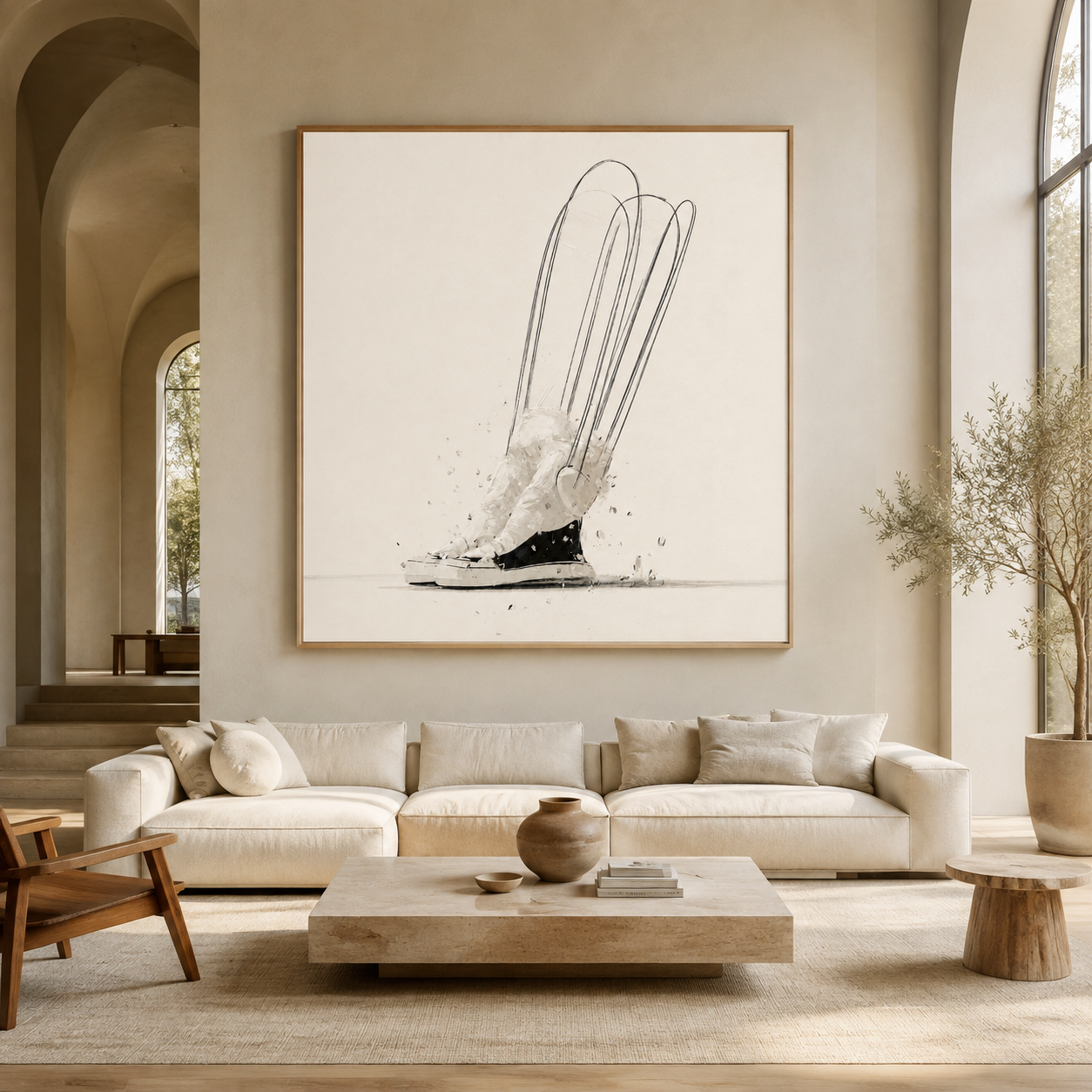 Sneaker Painting – Stride Study hanging above a beige sectional sofa in a bright, arched living room