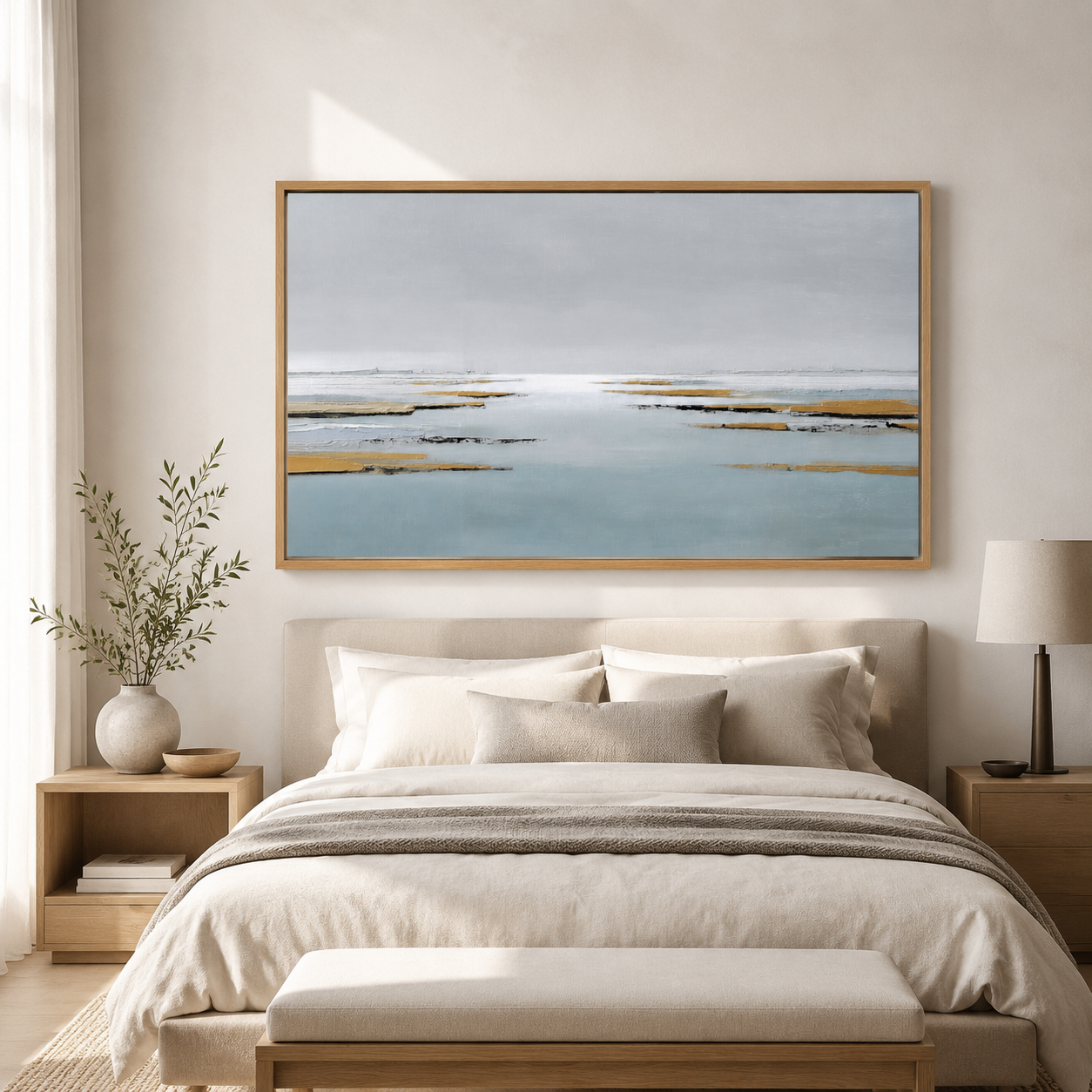 Gray and tan wall art canvas print above the bed in a cream and beige bedroom – Low Water by Rossetti Art