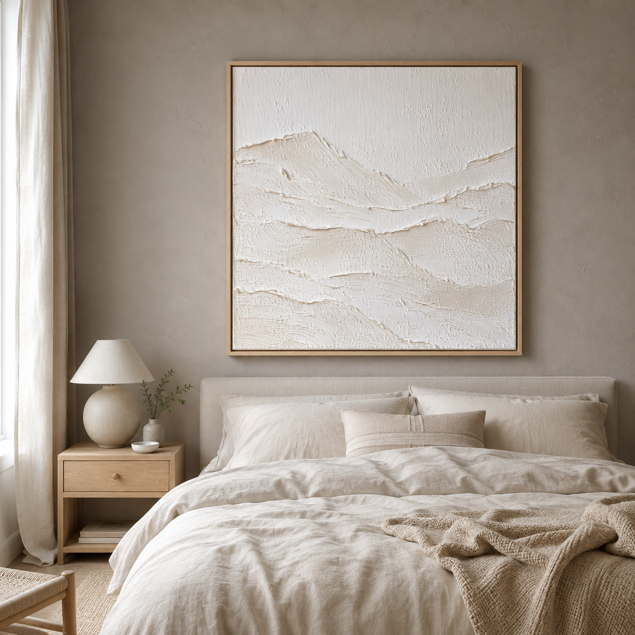 Textured wall art with hand-built ridge relief above a bed – Still Range by Rossetti Art
