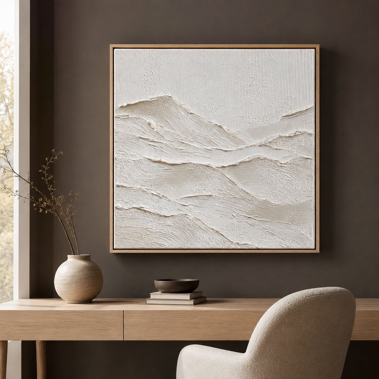 Textured wall art with hand-built ridge relief above a home office desk – Still Range by Rossetti Art