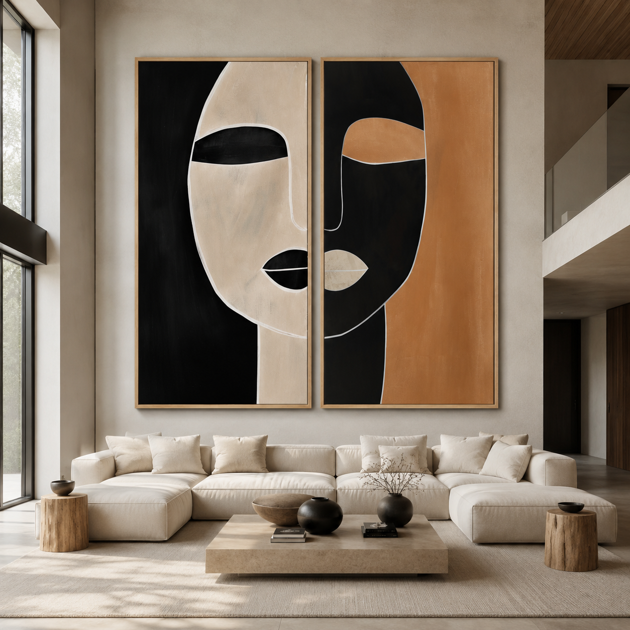 Diptych wall art displayed above a sofa in a modern living room – Terracotta Reverie by Rossetti Art