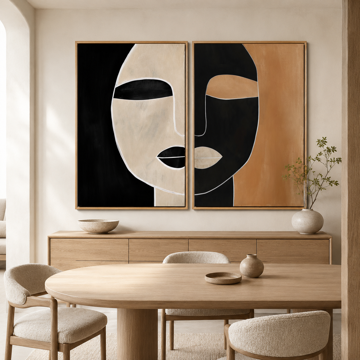 Diptych wall art hung above a sideboard in a dining room – Terracotta Reverie by Rossetti Art