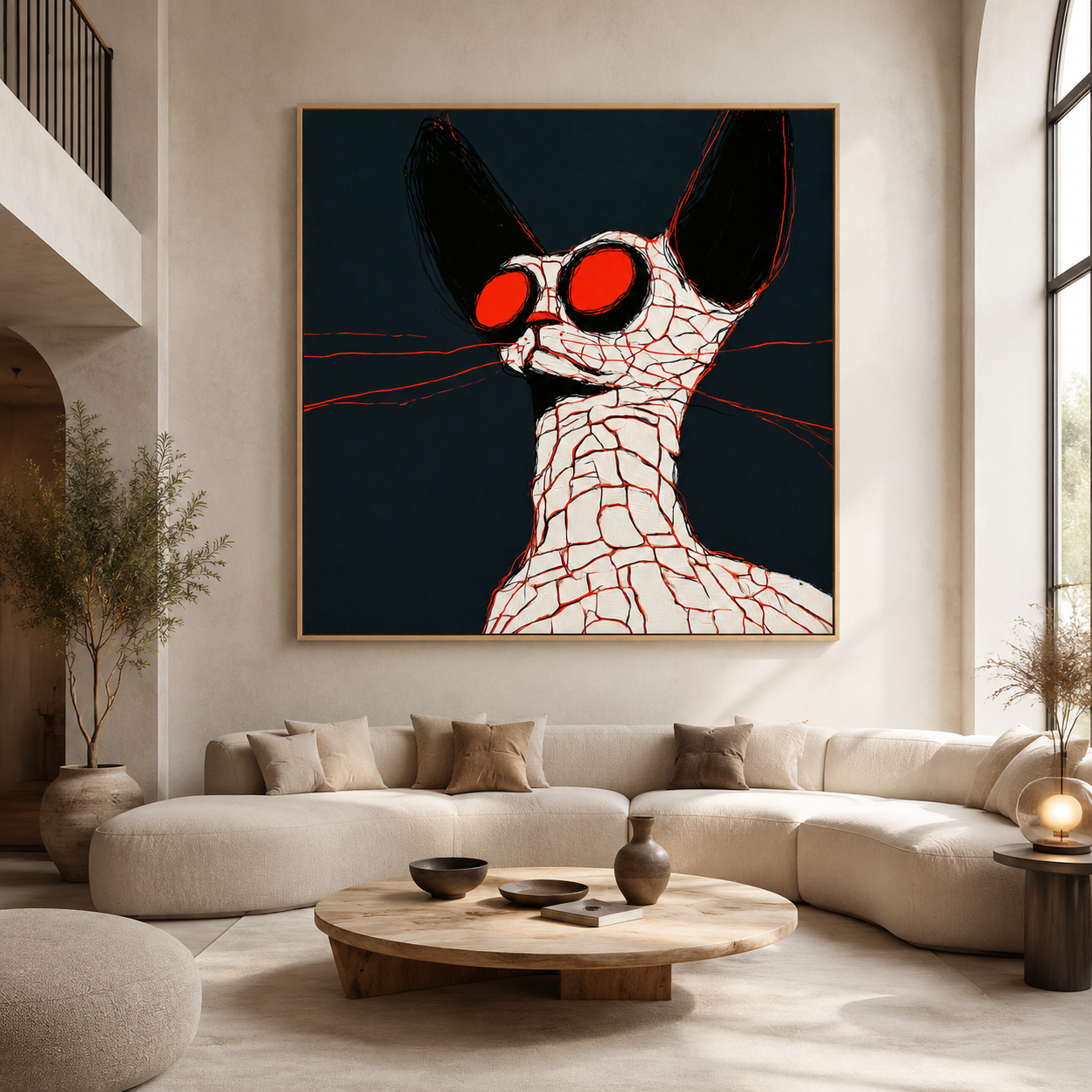 Abstract cat wall art canvas print above a sofa in a neutral living room – Fractured Ember by Rossetti Art