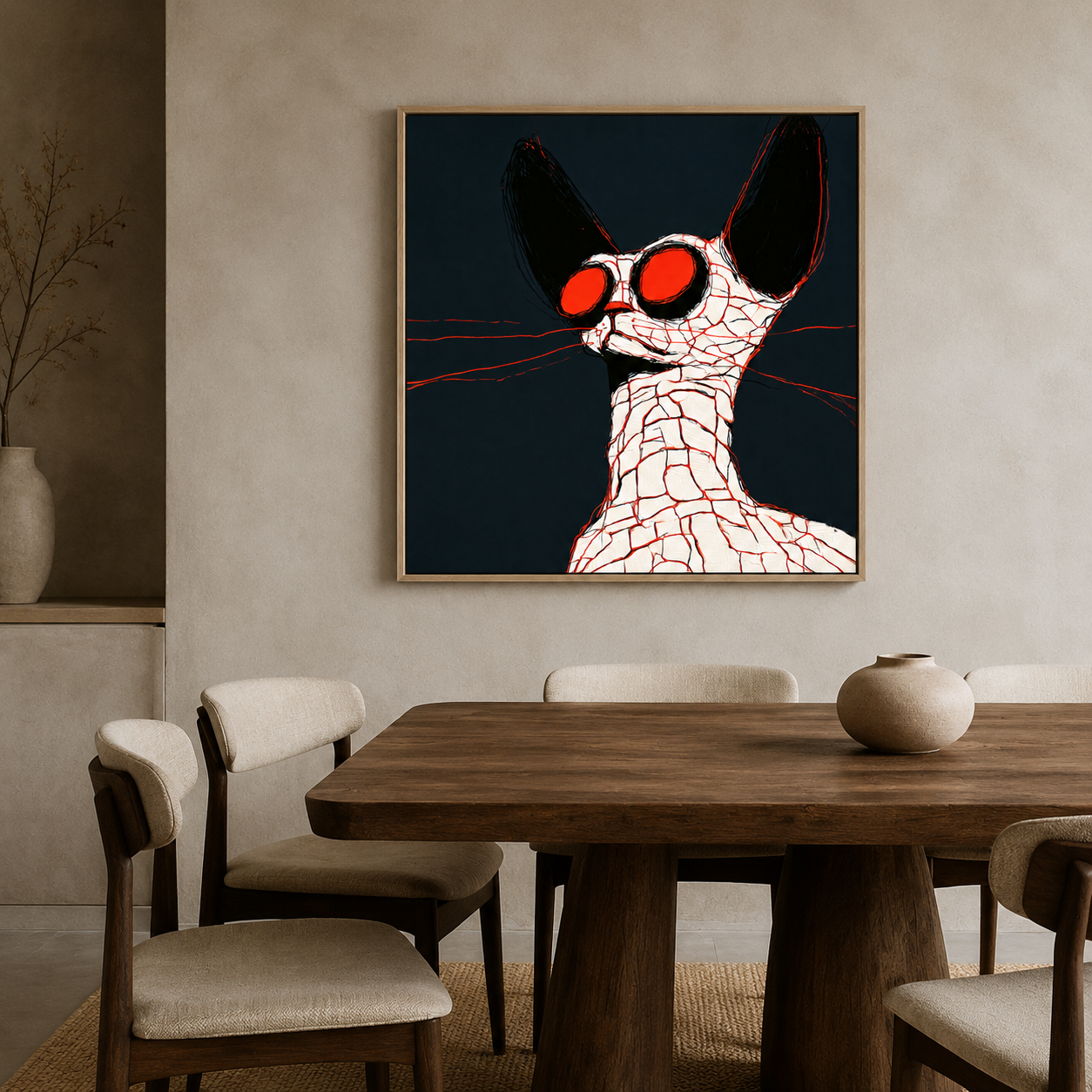 Abstract cat wall art canvas print hung above a dining table in a warm neutral dining room – Fractured Ember by Rossetti Art