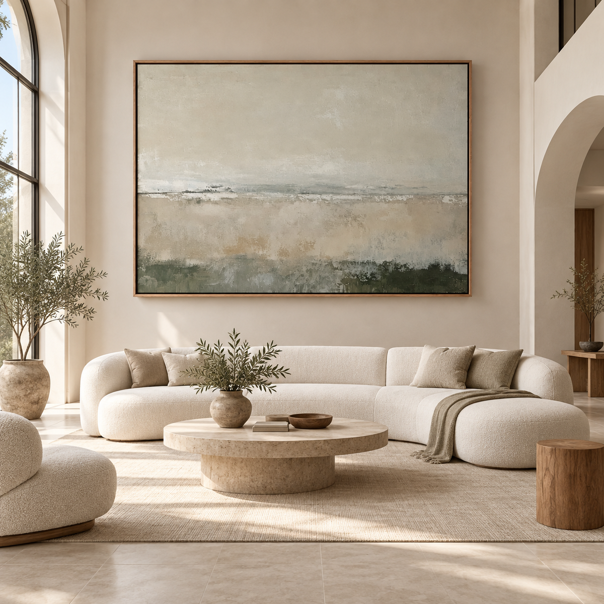 Quiet Horizon sage green and ivory abstract landscape painting in a slim copper frame — Rossetti Art