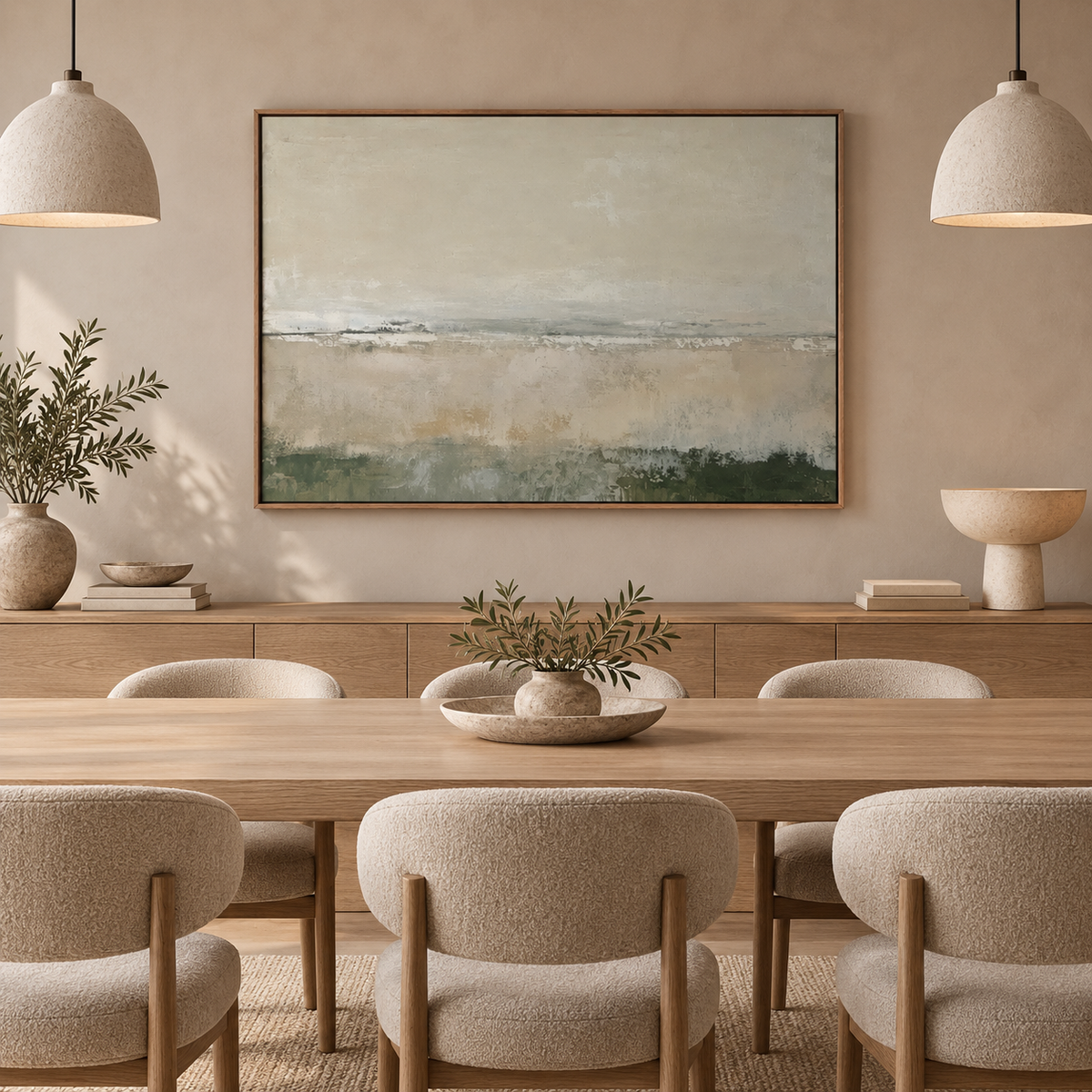 Quiet Horizon sage abstract painting hung above a living room sofa — Rossetti Art