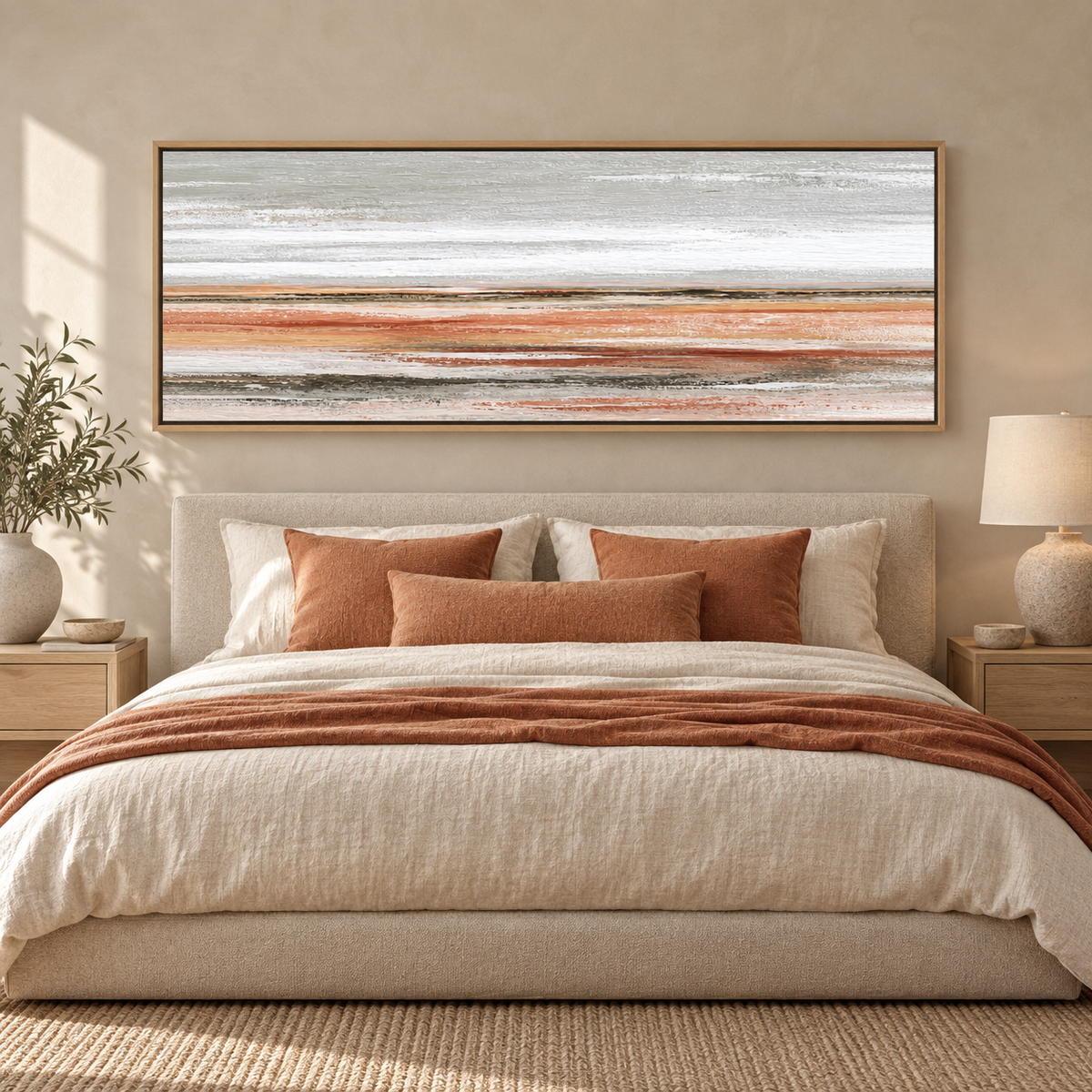 Amber Horizon terracotta abstract painting hung above a living room sofa — Rossetti Art