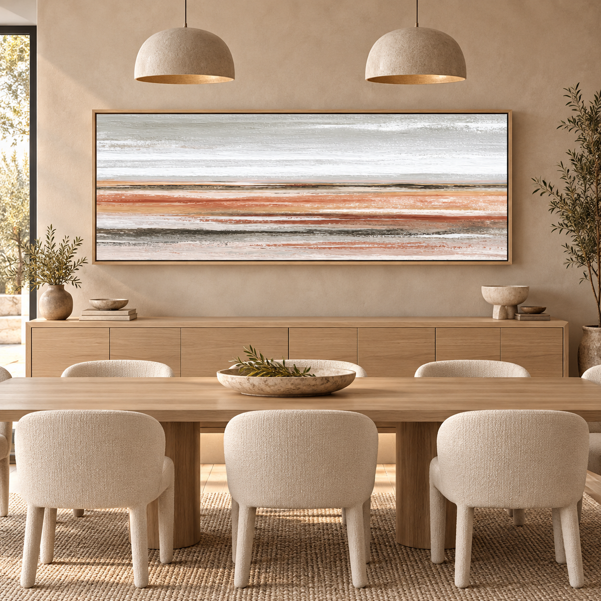 Amber Horizon terracotta abstract painting hung in a bedroom — Rossetti Art