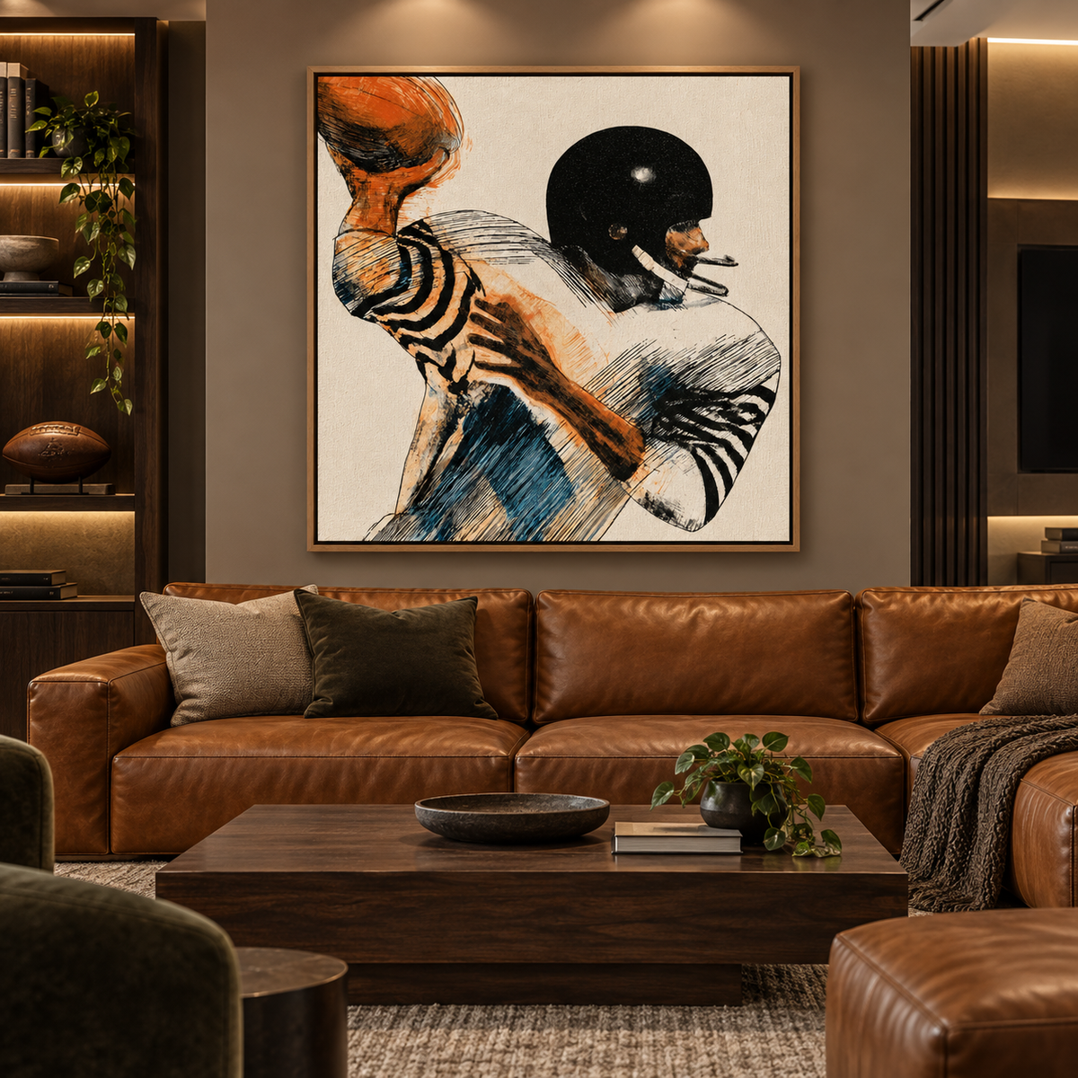 Gridiron Motion framed canvas print in a dark lounge