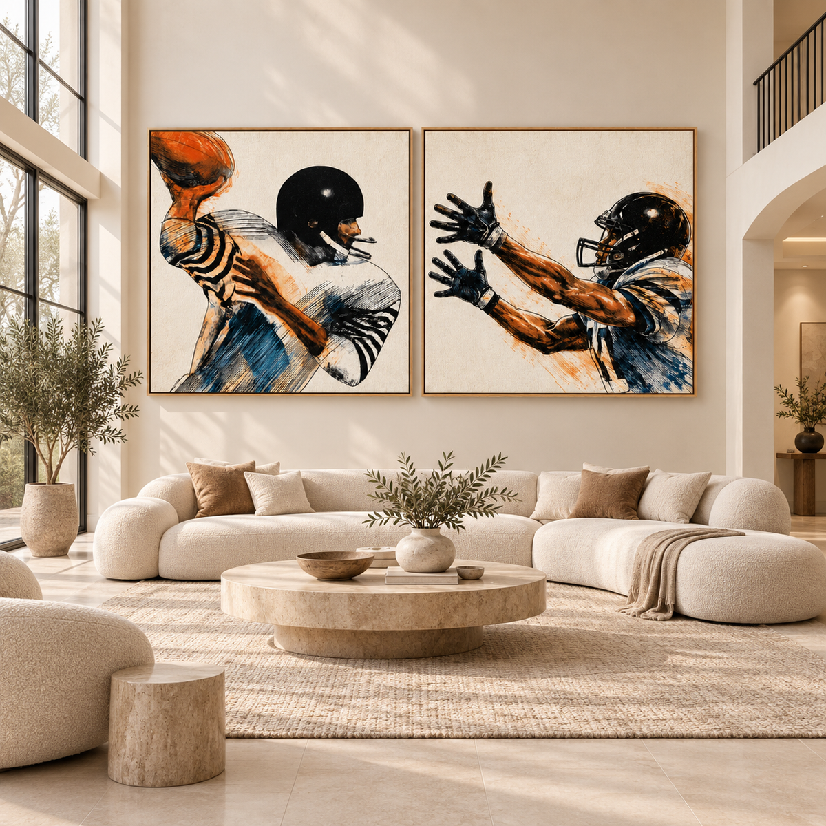 Football Wall Art Set of 2 — Gridiron Motion & The Catch canvas prints, lifestyle view 1
