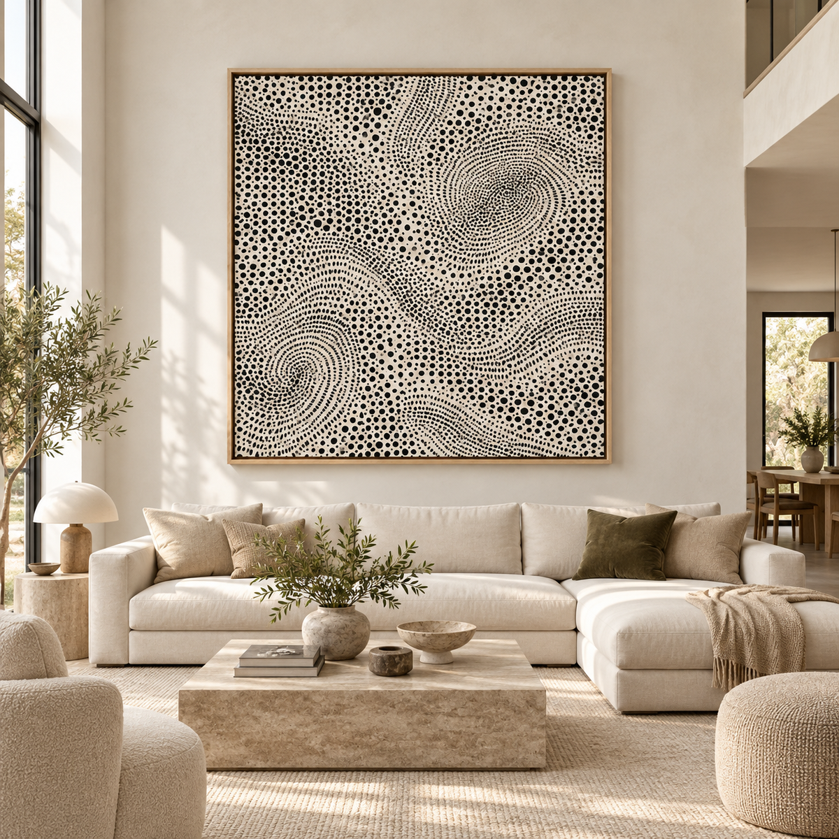 Square black and white dotted abstract wall art displayed in a modern neutral dining room