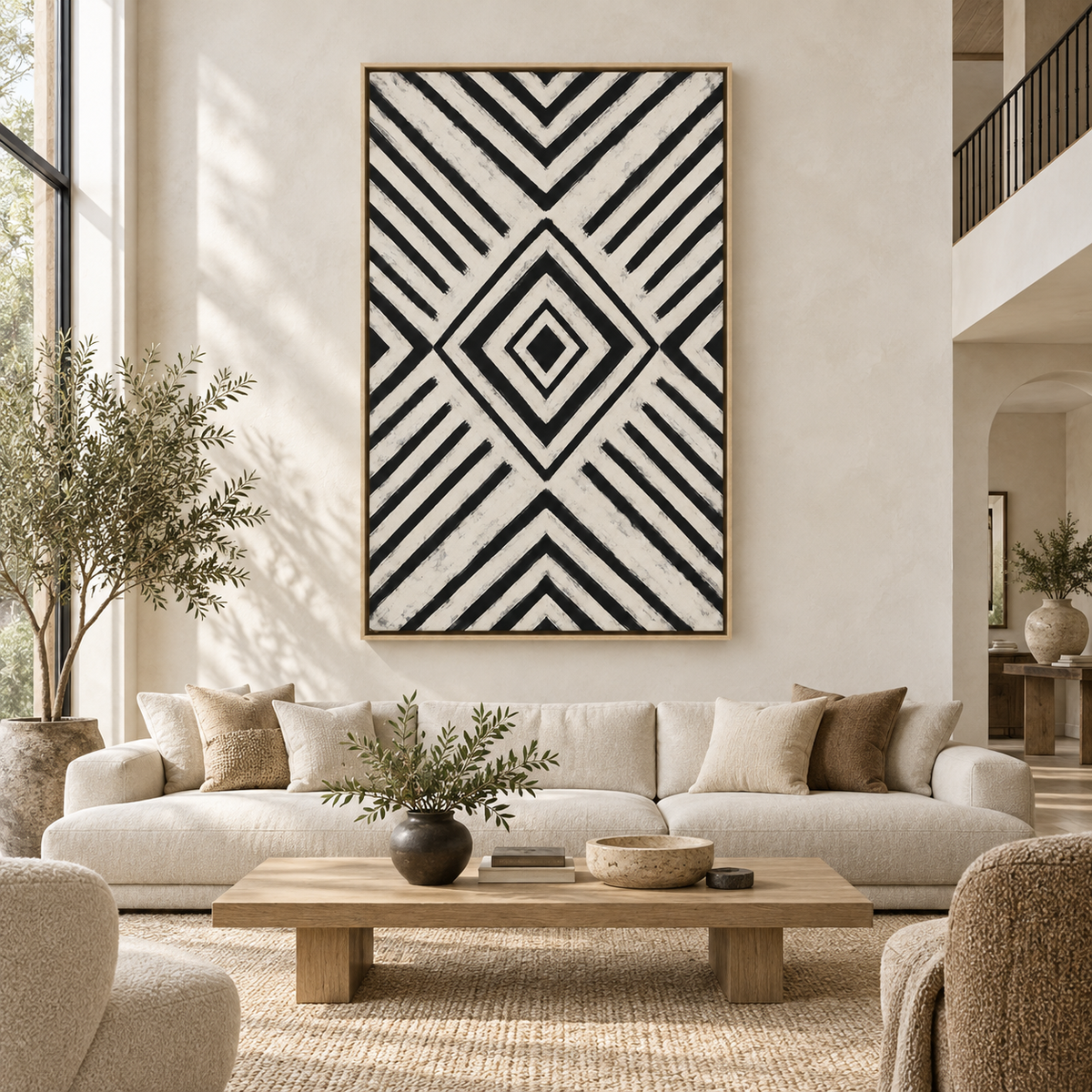 Vertical geometric canvas print in an oak floater frame styled in a contemporary interior