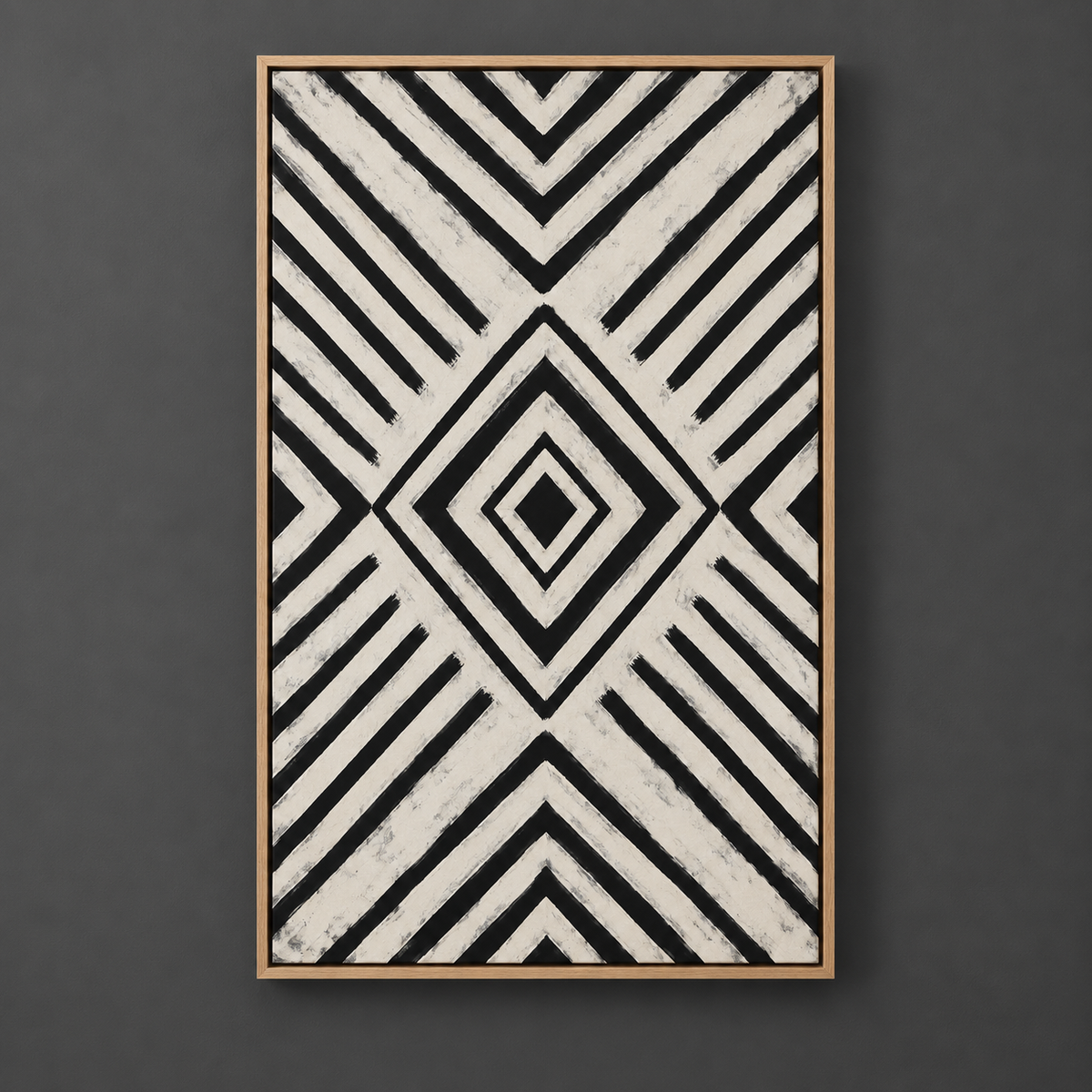Front view of the complete black and white geometric canvas art in an oak floater frame