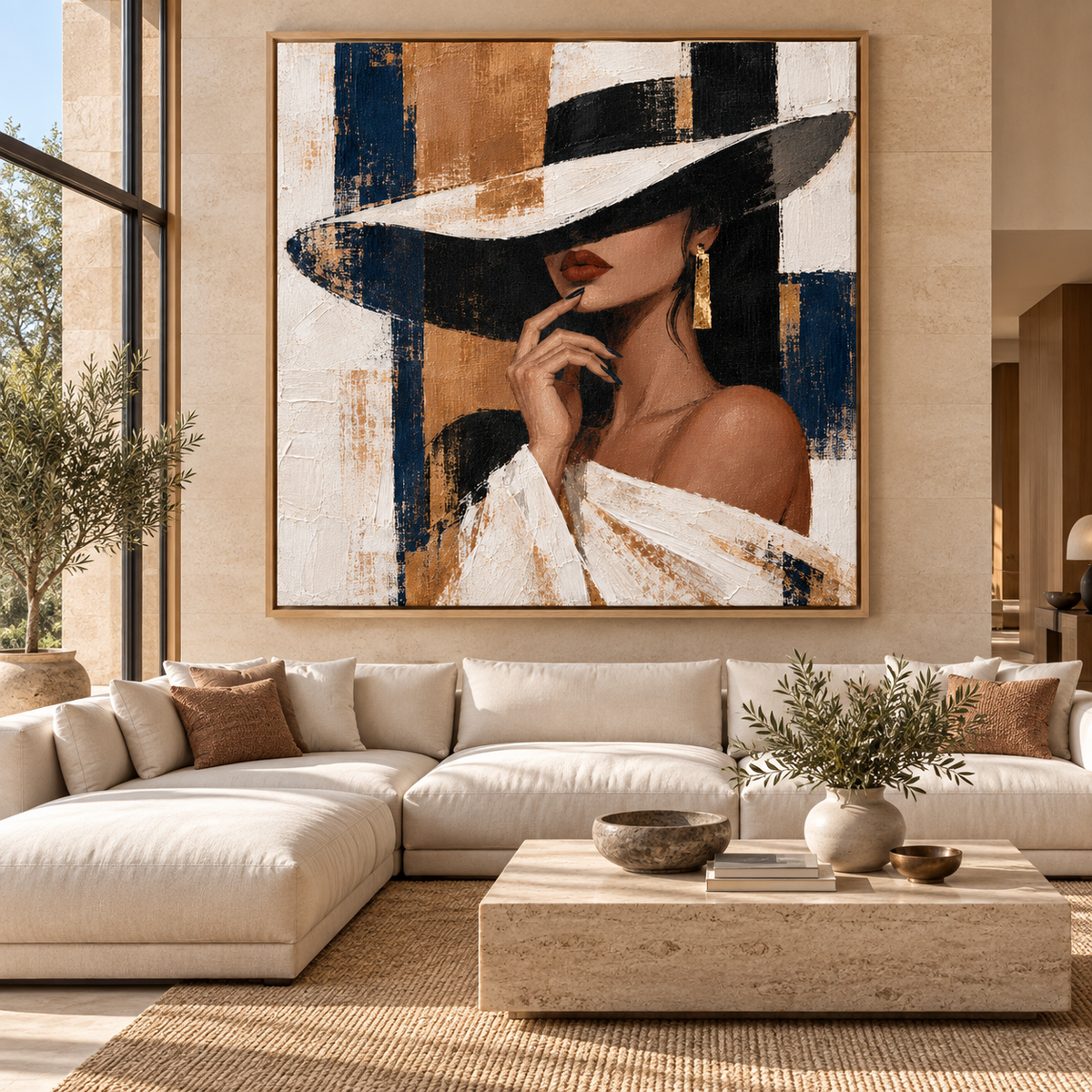 Oversized woman with hat canvas print in a luxury living room