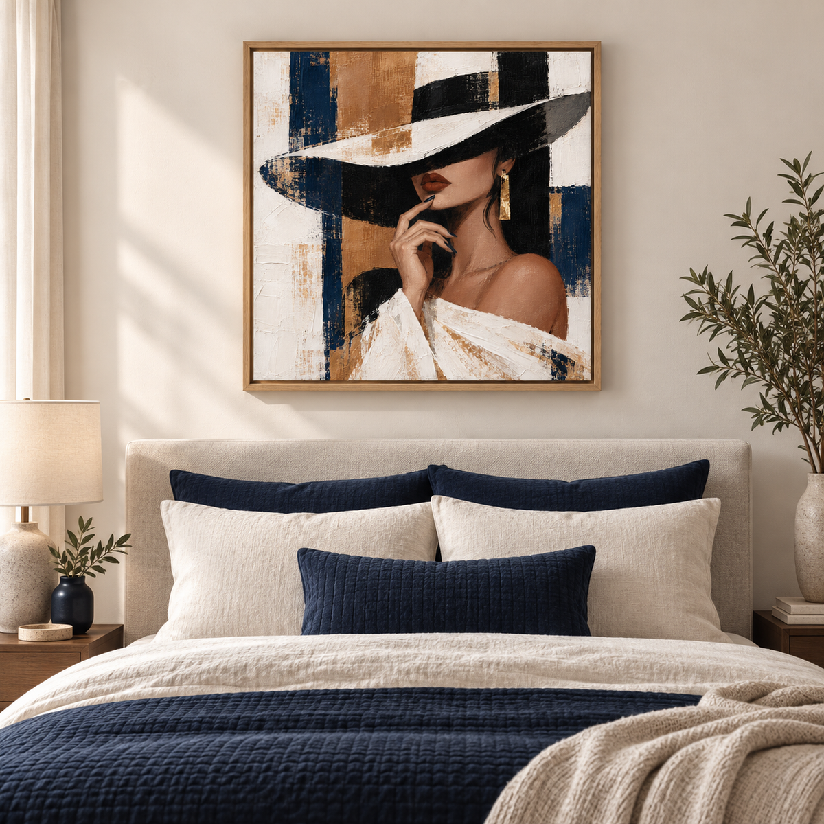 Woman with hat canvas print in an elegant modern interior