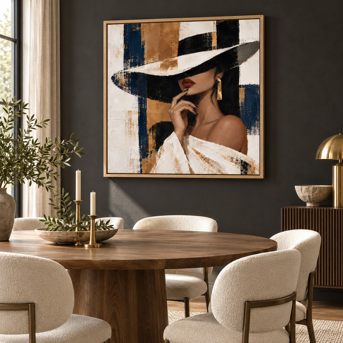 Blue and gold woman portrait canvas print displayed in a refined room