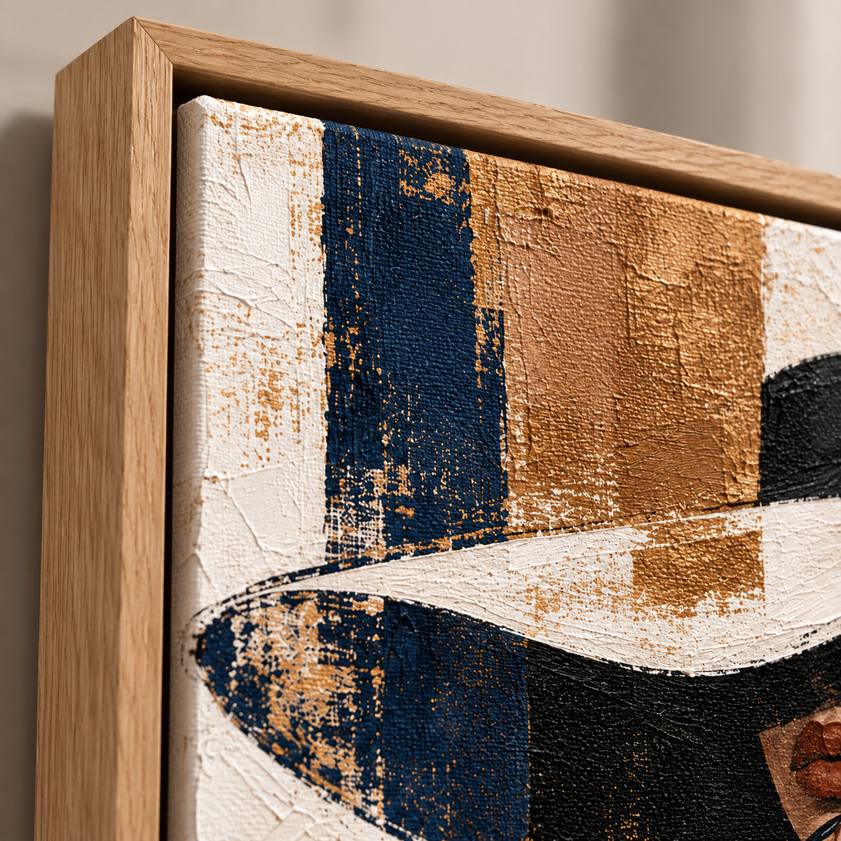 Close-up corner detail showing canvas texture and oak floater frame