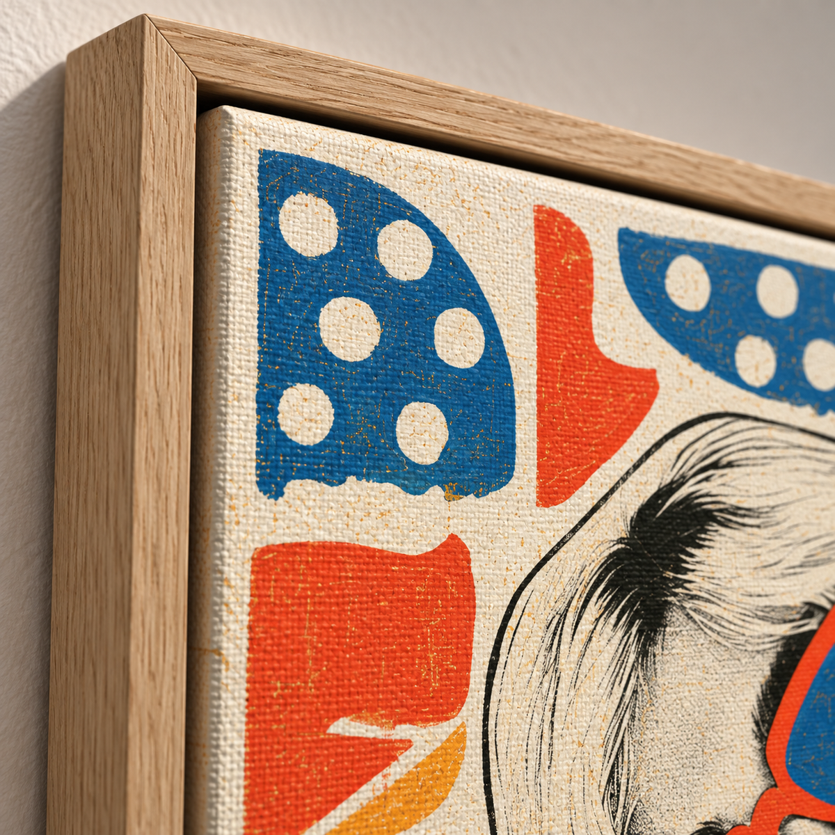 Colorful pop art woman canvas print displayed above contemporary furniture