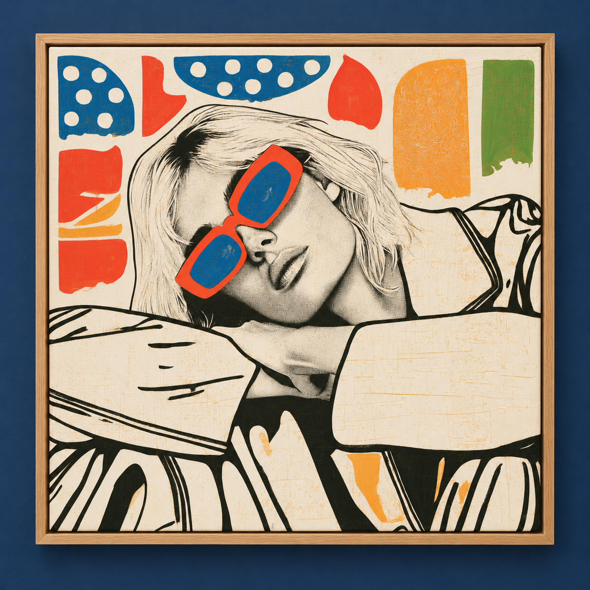 Close view of retro woman sunglasses canvas print and frame