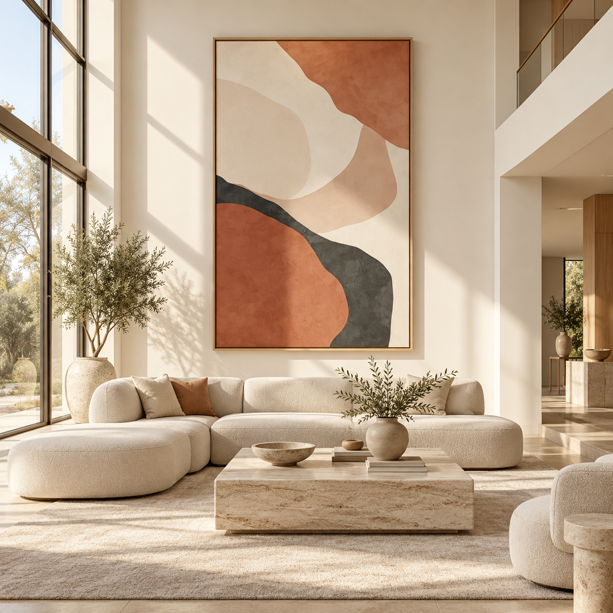 Neutral abstract canvas print displayed as oversized wall art in a warm modern living room