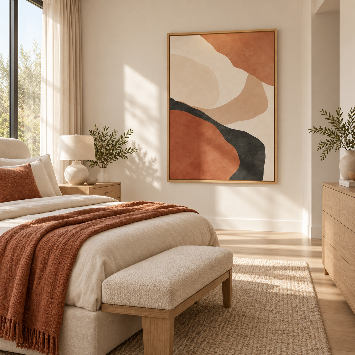 Horizontal neutral abstract wall art in a calm contemporary interior