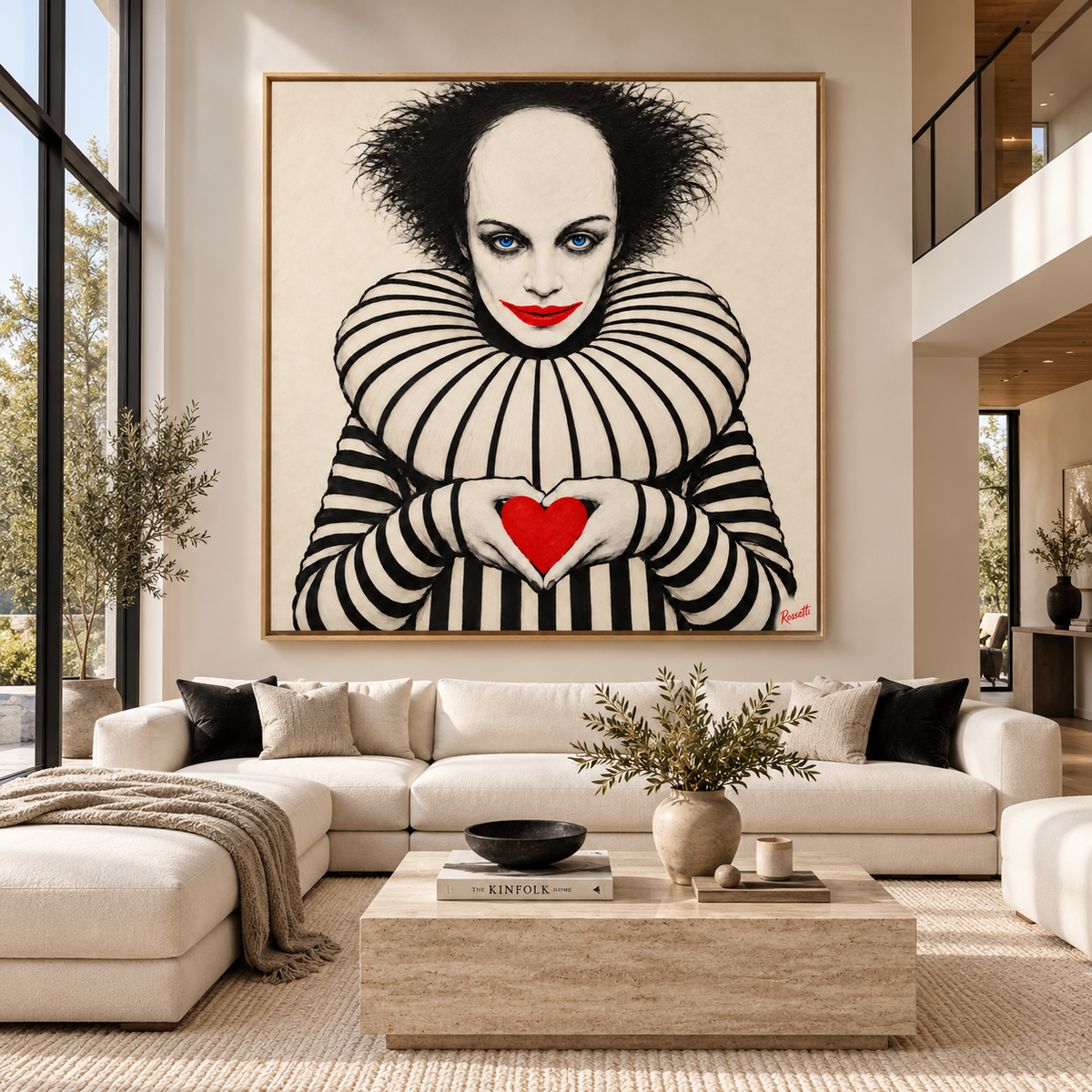 Square clown canvas print with red heart displayed in a modern interior