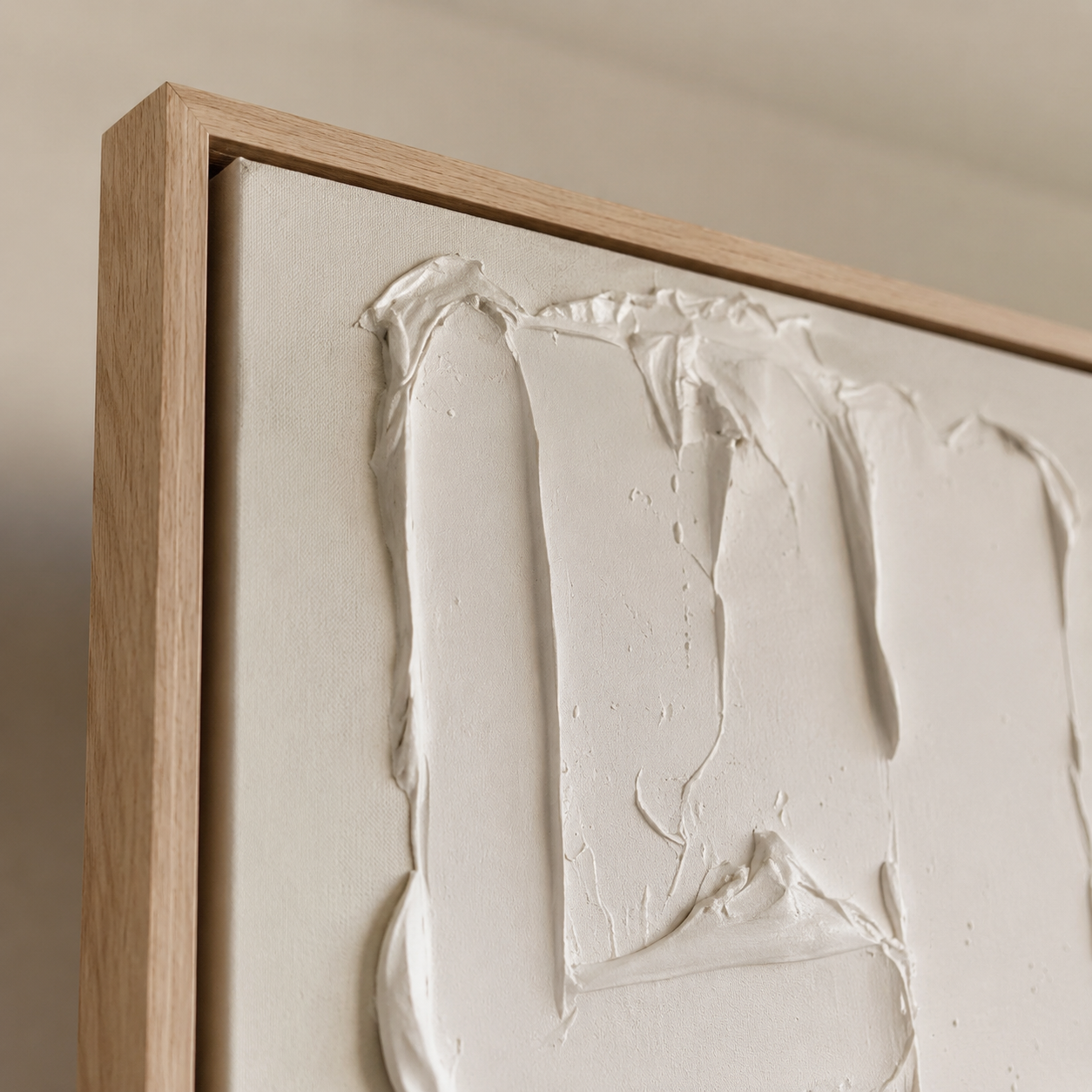 Close-up detail of hand-applied plaster texture and palette-knife ridges on the Hushed Fold wall art panel