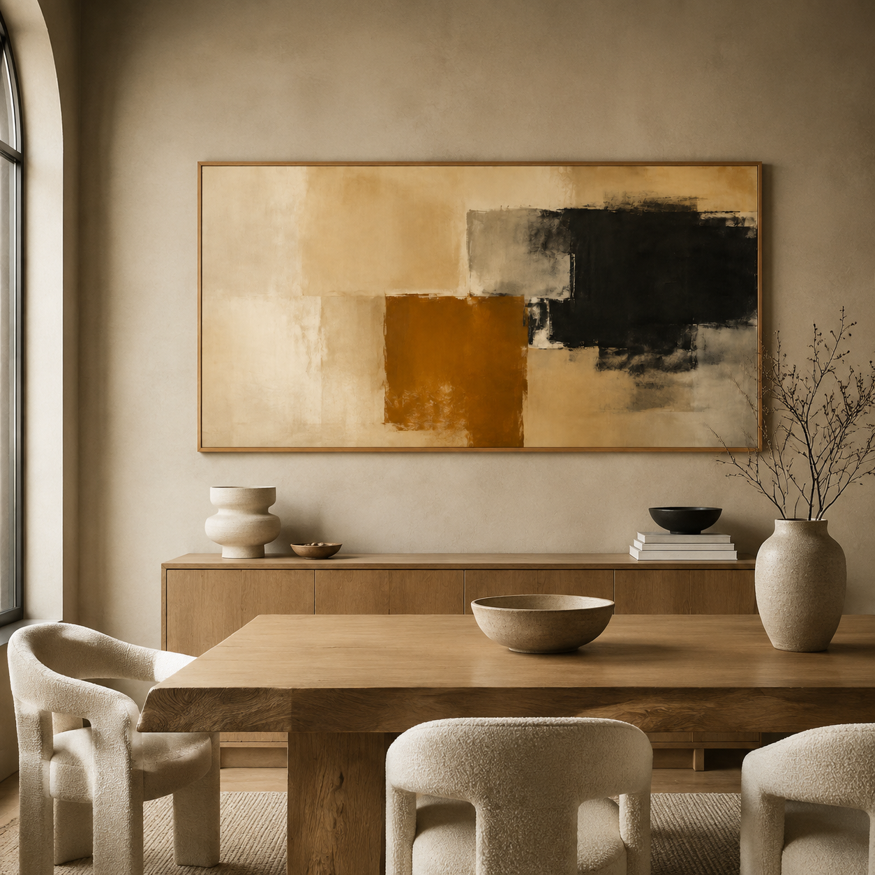 Modern abstract painting hanging above a wooden sideboard in a warm neutral dining room – Amber Divide by Rossetti Art